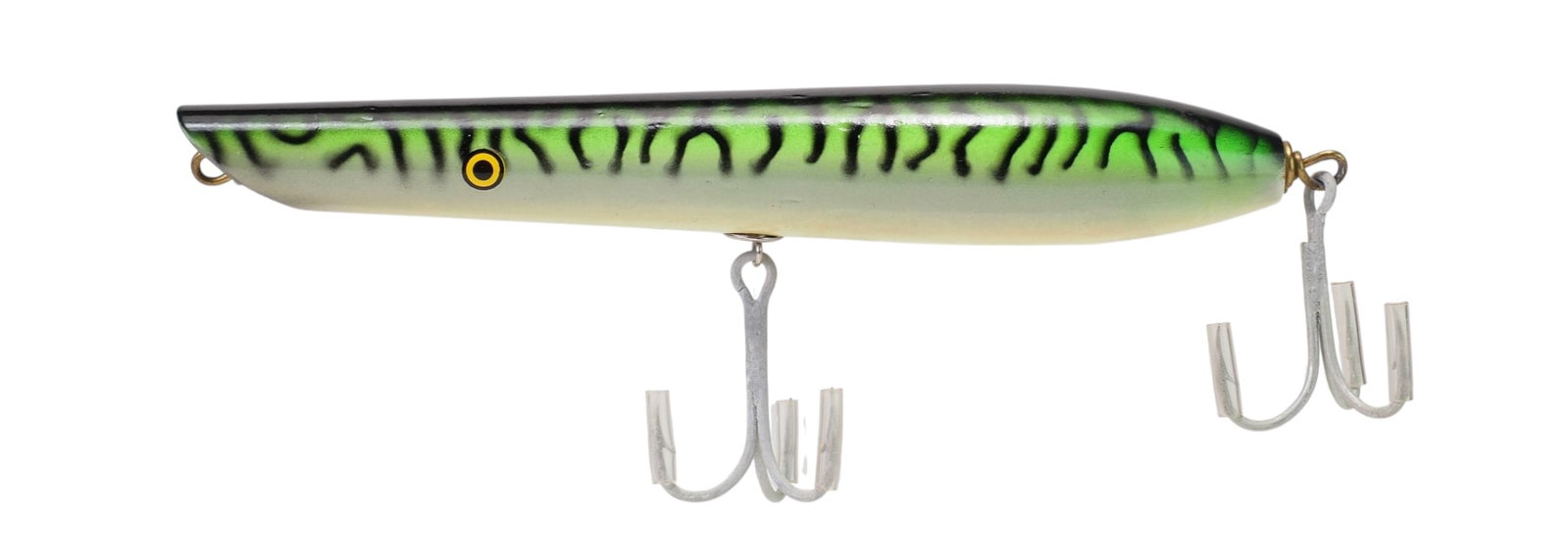 Stan Gibbs - Cast-A-Lure: Stan Gibbs (1914-2004) Buzzards Bay, MA 7" lure 8.25" box length Signed on bottom "Stan Gibbs". Stamped " MACKEREL / PP-2" on both box ends Condition: Original with scattered imperfections in the