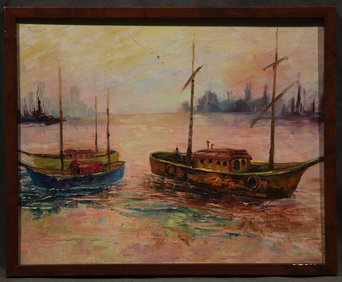 Early 20th Century American Oceanscape Oil Painting "Boats in a Harbor" (1 of 14)