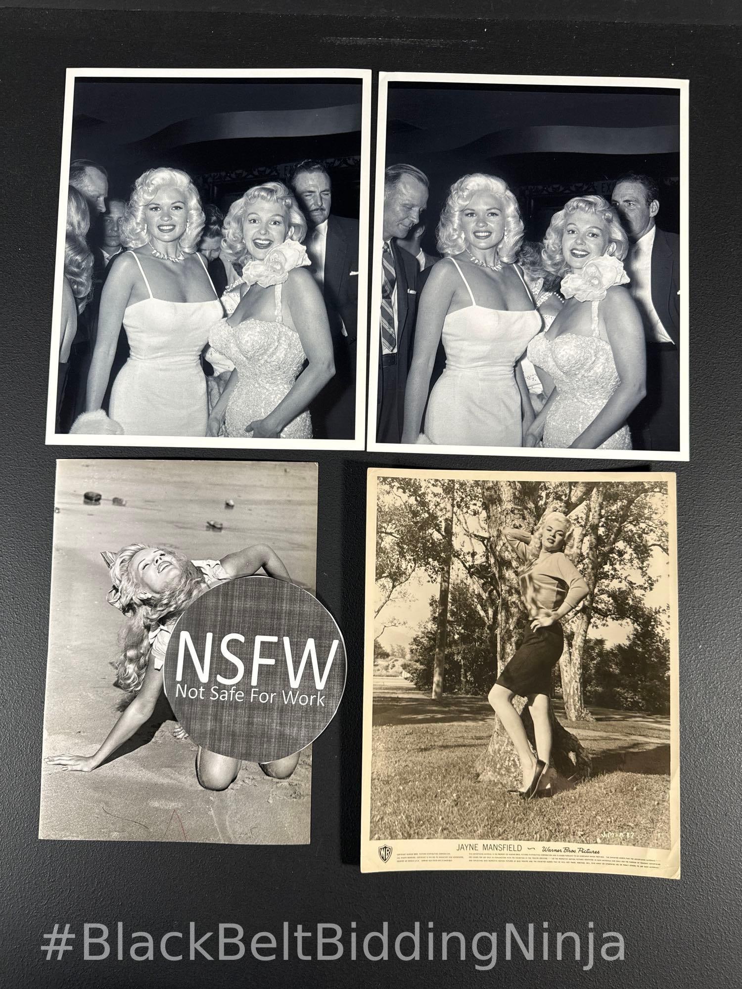 Four Jayne Mansfield Photos: Four Jayne Mansfield photos to include one beach photo with a H. Holmes Paris stamp on the back, a Warner Brothers promotional photo and two slightly different photos of Jayne Mansfield and Marie MacD