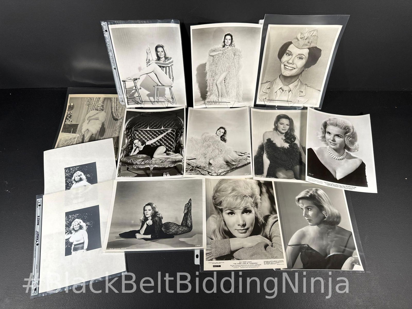 Thirteen Assorted Photos & Stills: Thirteen assorted black and white photos and movie stills to include two photos of Tammy Paris, a portrait photo of Ingrid Goude, a 1963 movie still from “The Three Lives of Thomasina” fea