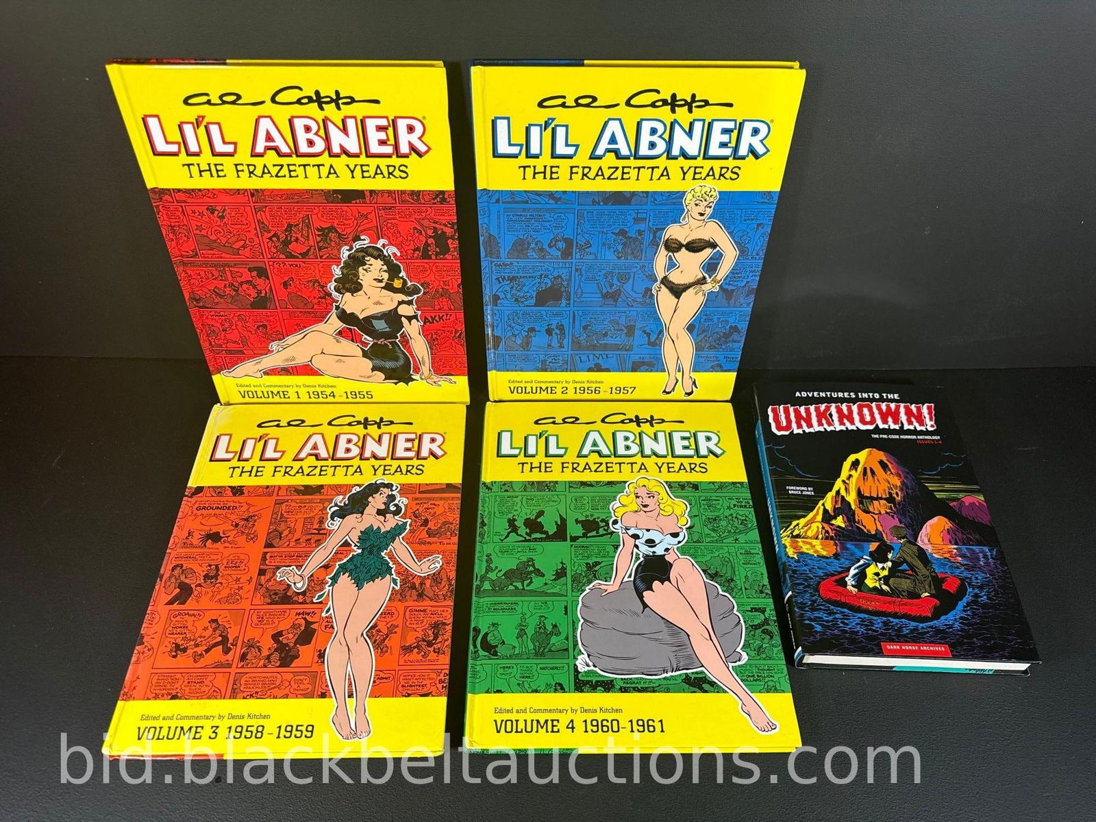Li’l Abner Set & “Unknown” Archives: Four volume set of “Al Capp ‘Li’l Abner’ the Frazetta Years, all stated First Editions plus “Adventures into the Unknown” anthology stated First Edition Minor wear