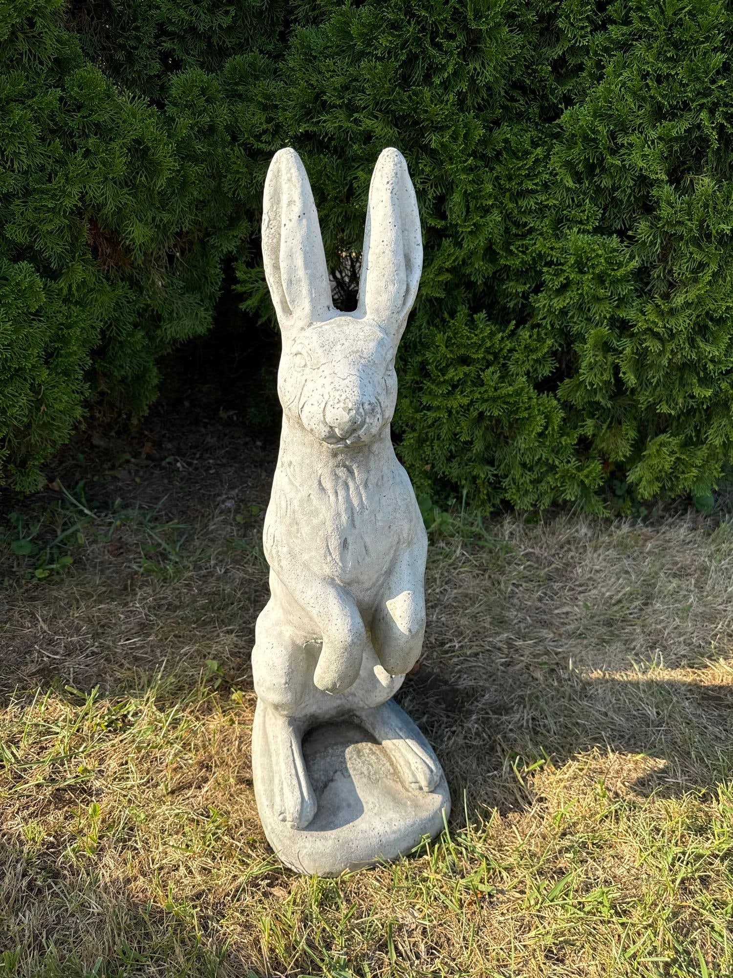 Concrete Rabbit Sculpture: Perky Ears!: A concrete garden sculpture of a rabbit with its ears perked straight up! 28.5”H, 9”L, 13.5”D with rabbit facing forward This concrete piece has been displayed outdoors and shows nat
