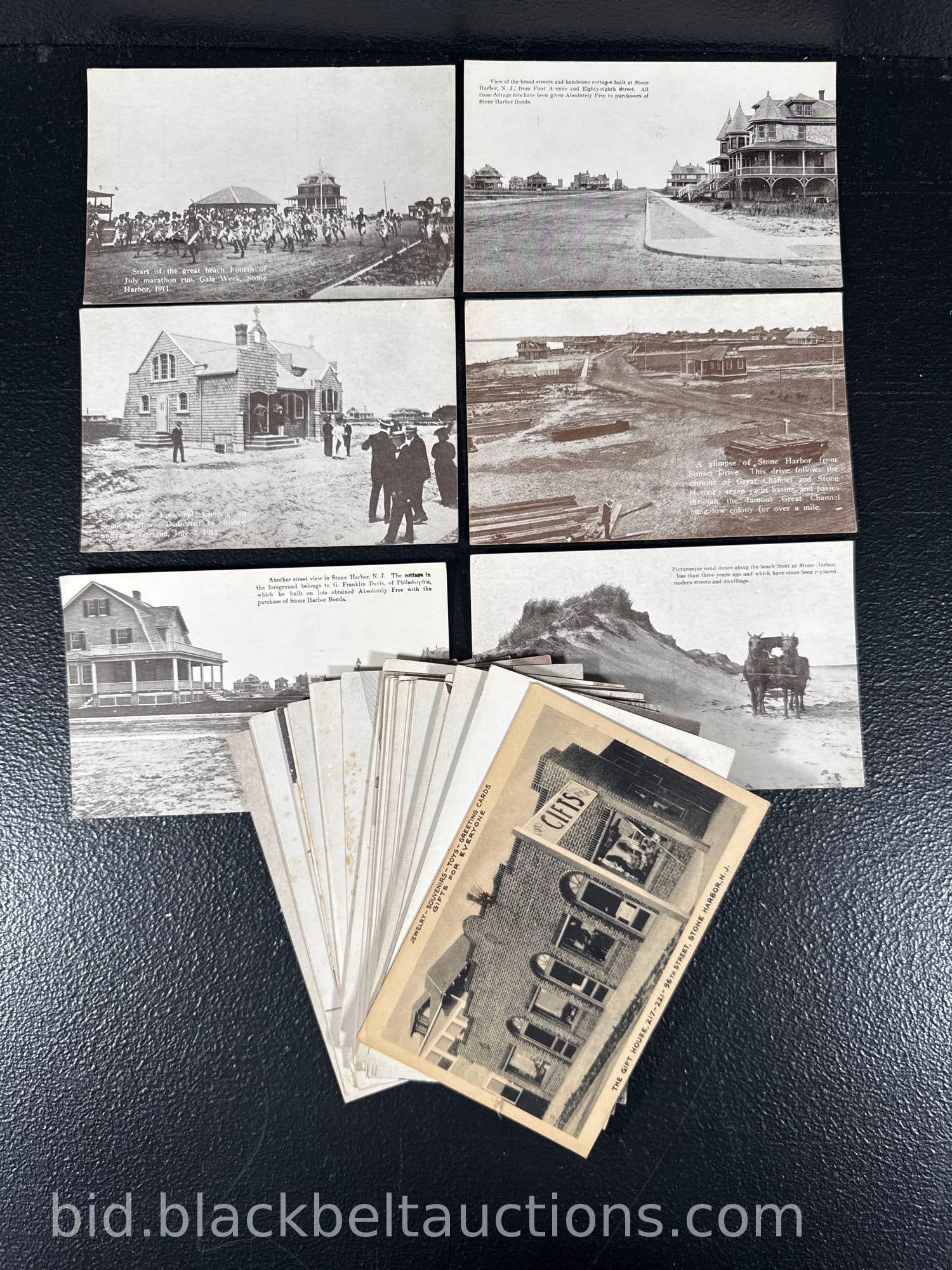 29 Vintage Stone Harbor Post Cards: Grouping of 29 vintage Stone Harbor post cards, mostly dated 1911. All but one of the post cards is unused, the one exception is a 1940s post card of the Gift House in Stone Harbor. The balance of the