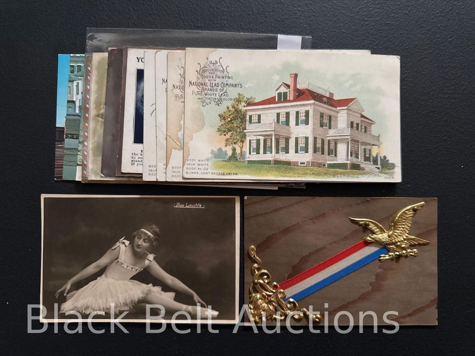 16 Vintage Trade Cards & Assorted Post Cards: 16 vintage trade cards and assorted post cards to include a friendship post card with a swastika (used with writing on front), a 3-D patriotic symbol post card (used with minor damage on the reverse,