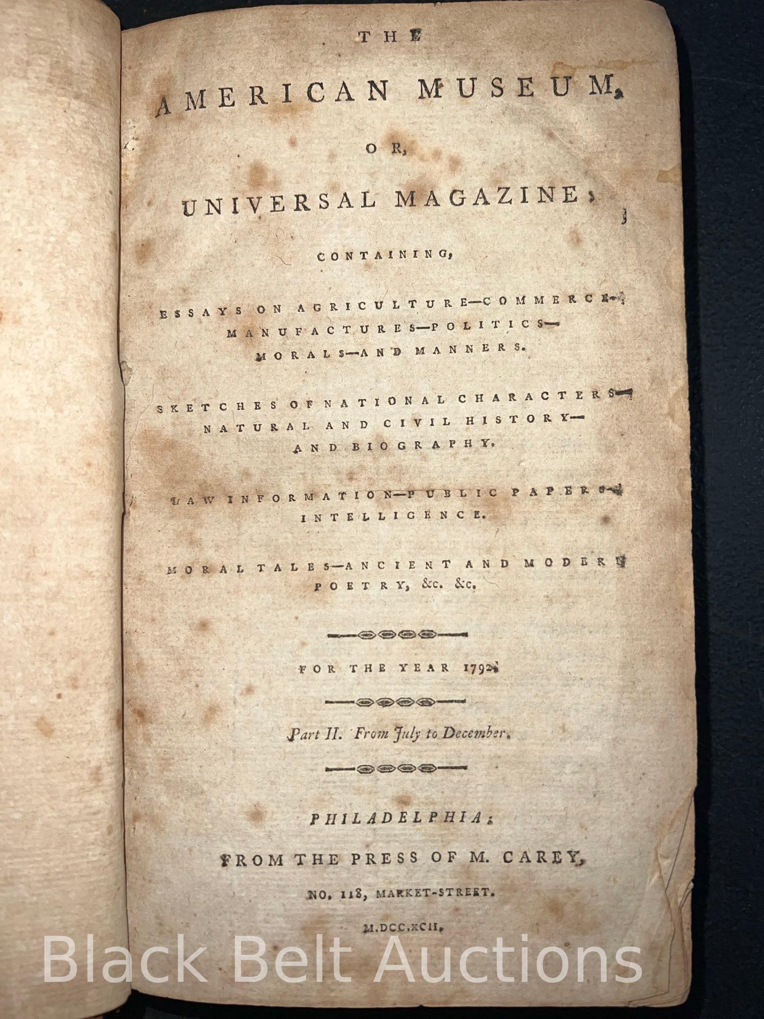 Book: “The American Museum For 1792”: Book: Bound volumes of “The American Museum or Universal Magazine…for the year 1792 - Part II from July to December”. This volume includes meteorological observations made in Philade