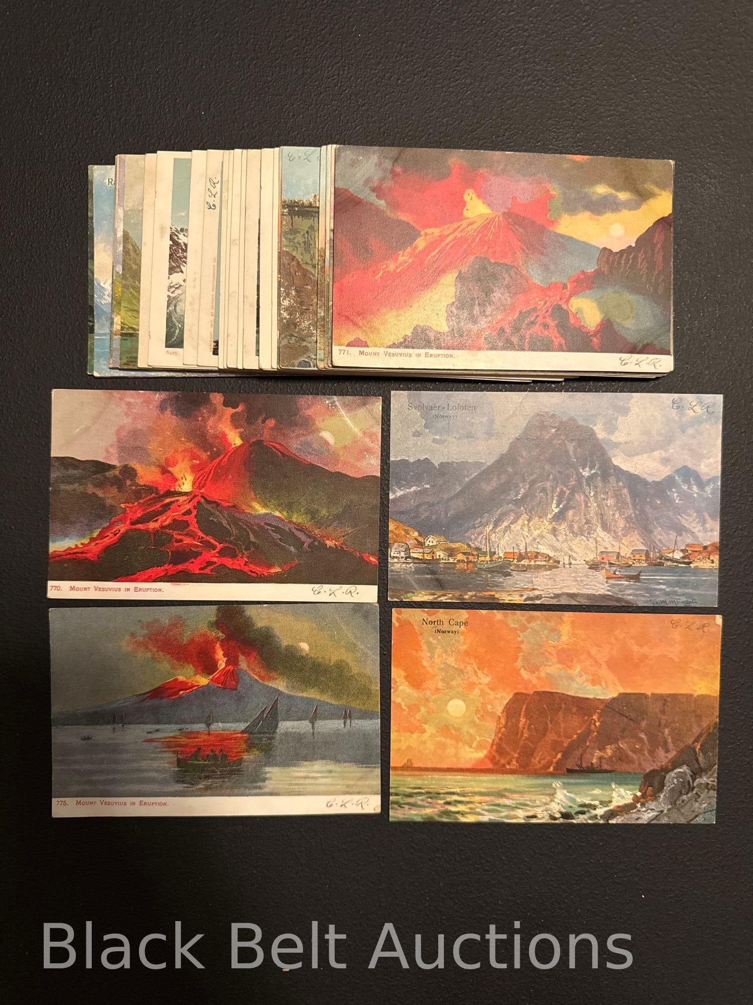 37 Vintage Volcano, Glacier & Mountain Post Cards: 37 vintage volcano, mountain and glacier post cards to include 12 Norwegian mountain post cards all unused with ink writing on the fronts of the cards, 14 Detroit Photographic post cards of glaciers,