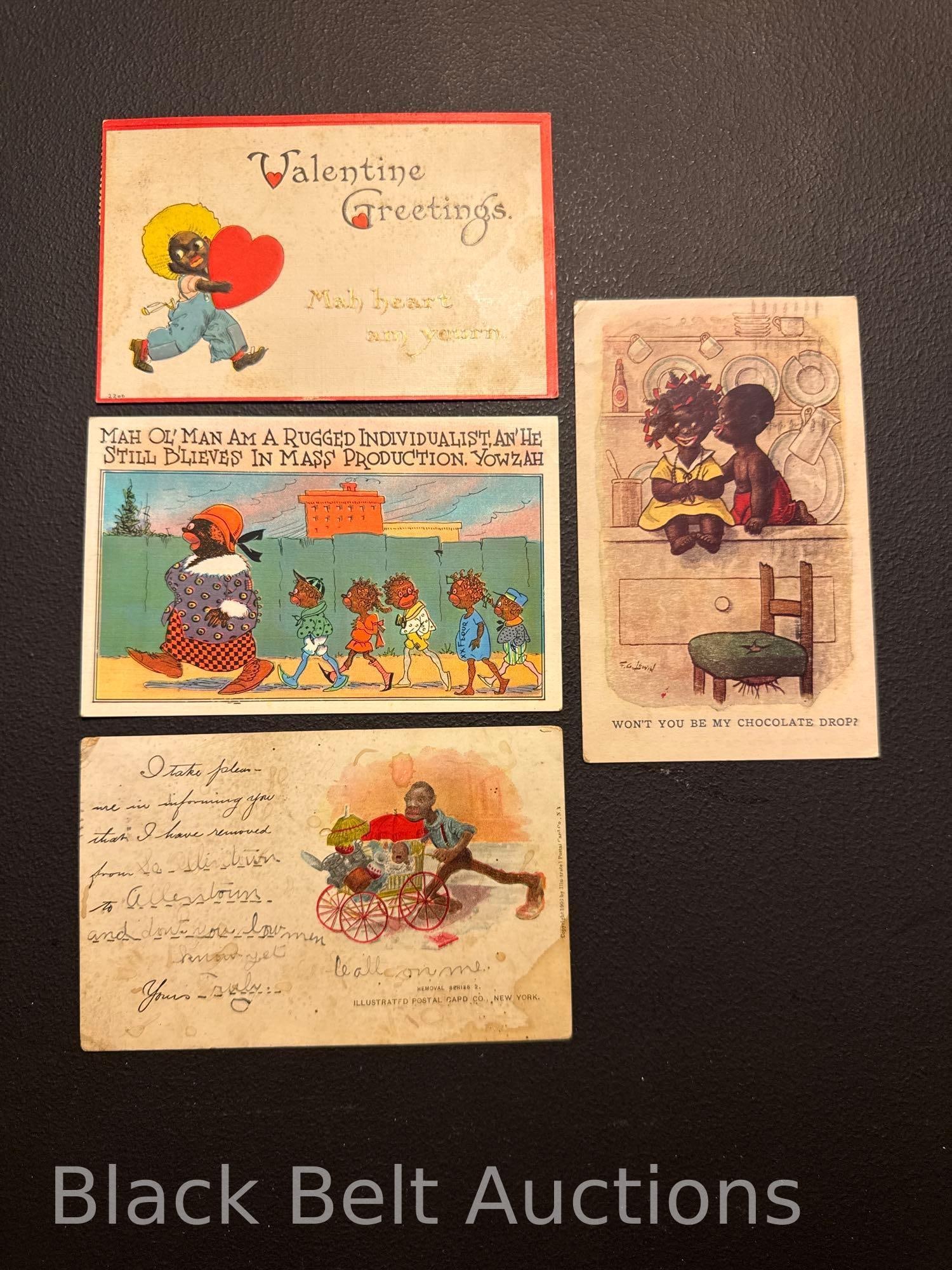 Four Victorian Black Americana Post Cards: Four vintage Victorian Black Americana post cards to include: An Illustrated Postal Card Company post card depicting a black man pushing a black baby in a carriage, dated 1903, used with writing on t