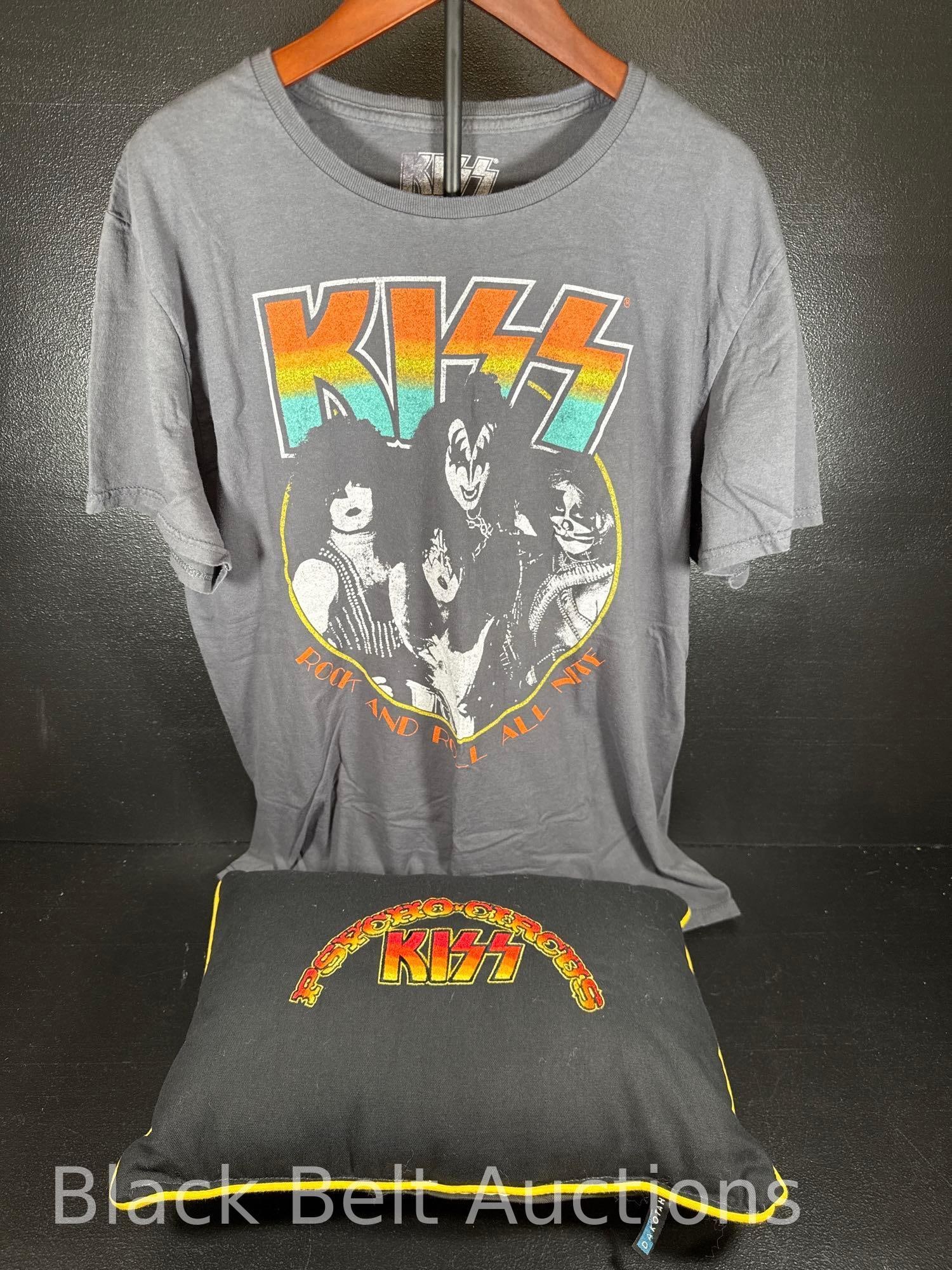 KISS T-Shirt and Pillow: Lot description: A size large KISS Rock and Roll all Nite T-Shirt and a Dakotah Psycho-Circus KISS pillow (16" long by 11" wide). Note: T-Shirts are estate finds and are sold as-is. We do no