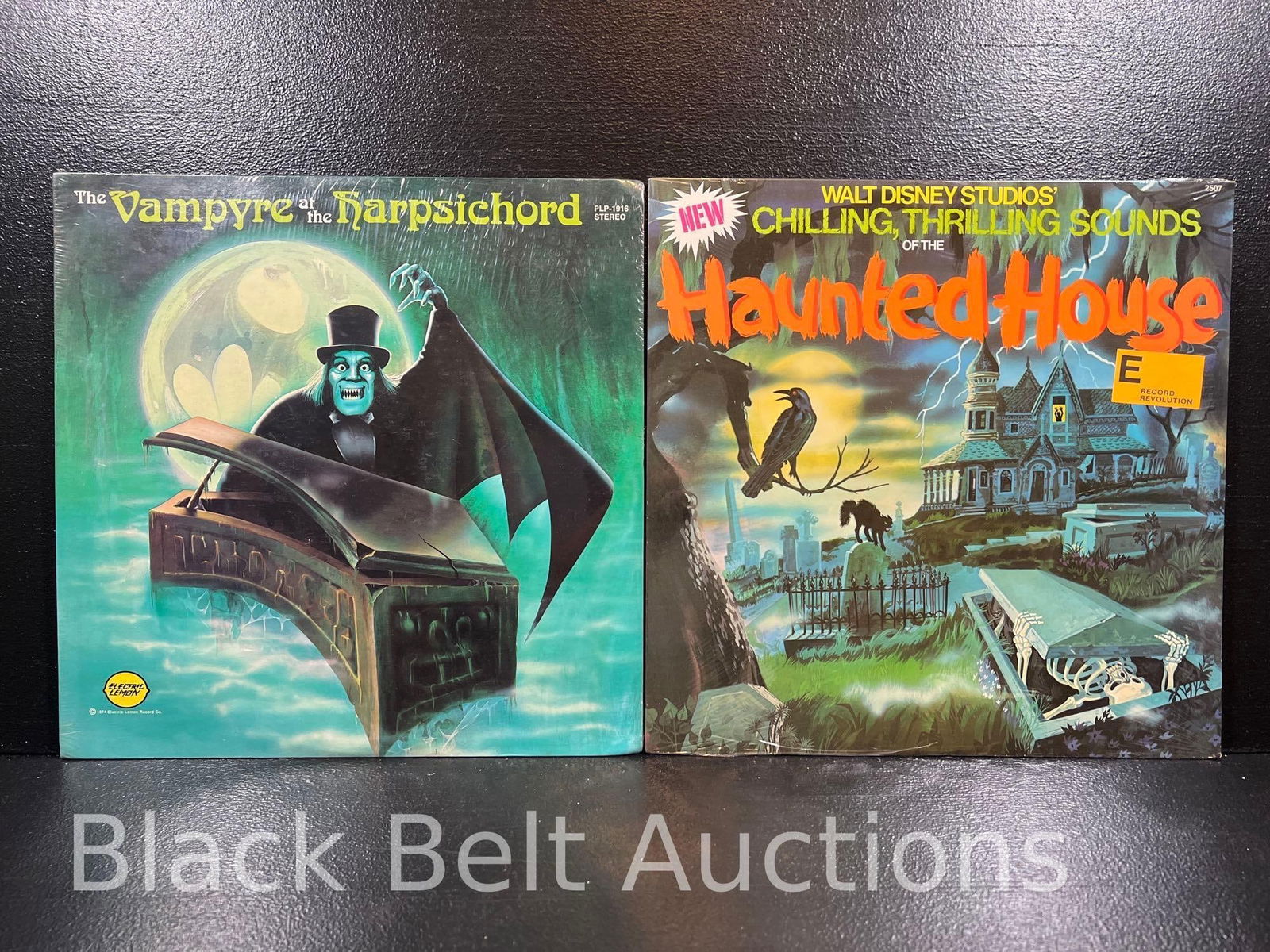 Two Vintage Records with Scary Sounds: Lot description: Two vintage vinyl records with scary sounds to include: Verne Langdon "The Vampyre at the Harpsichord" - a 1974 US pressing on the Electric Lemon label catalog no. PLP-1916. The reco