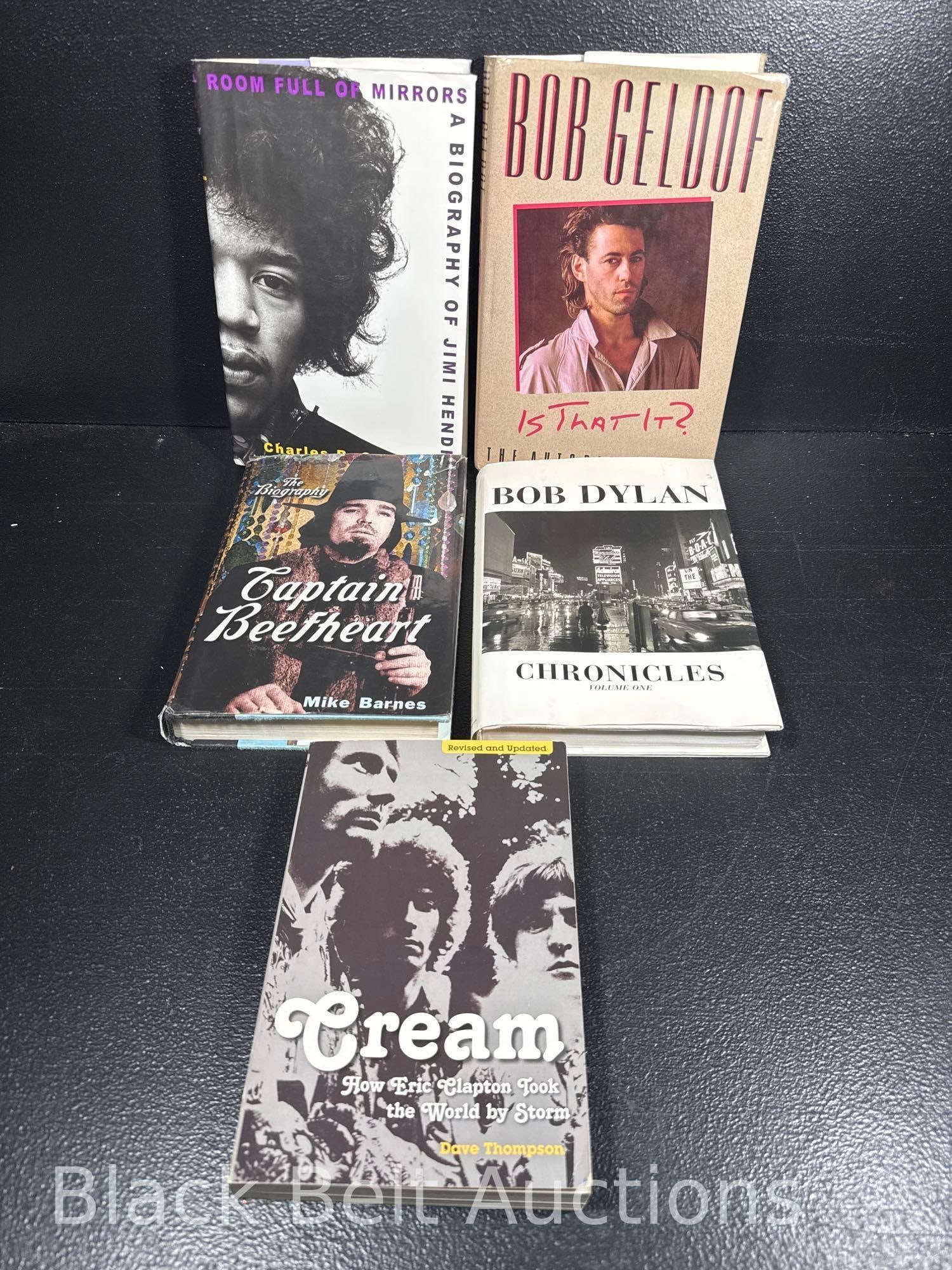 5 Books on 60s & 70s Rock Artists: Lot description: To include a First American Edition “Bob Geldof: Is that it? The Autobiography” (DJ has torn corners), a First Edition “Room Full of Mirrors: A biography of Jimi Hen