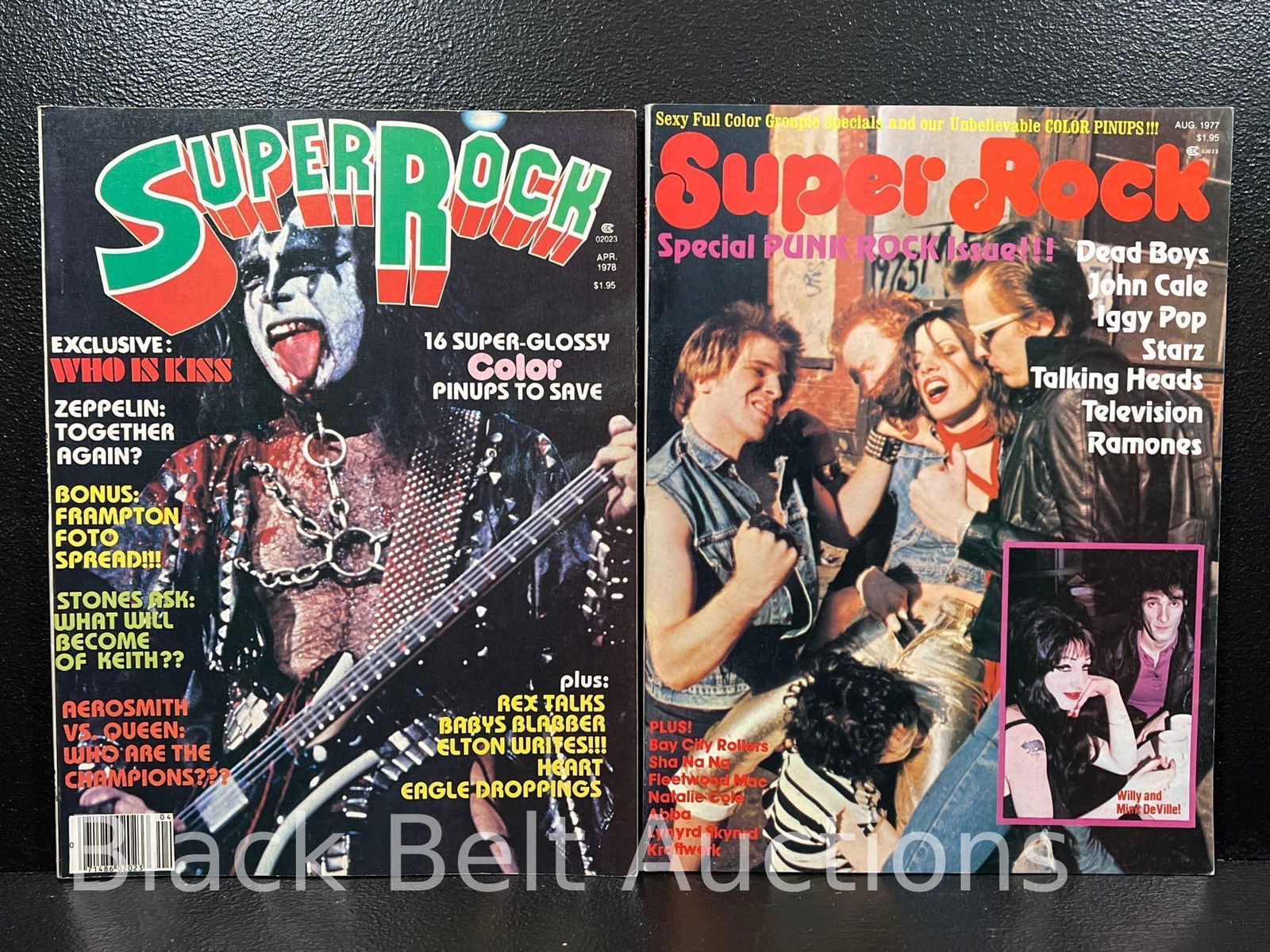 Two Vintage 1970s Super Rock Magazines: Lot description: Two vintage 1970s Super Rock Magazines to include: August 1977 “Special Punk Rock Issue” with The Dead Boys on the cover in a scene from an “Abduction” photo