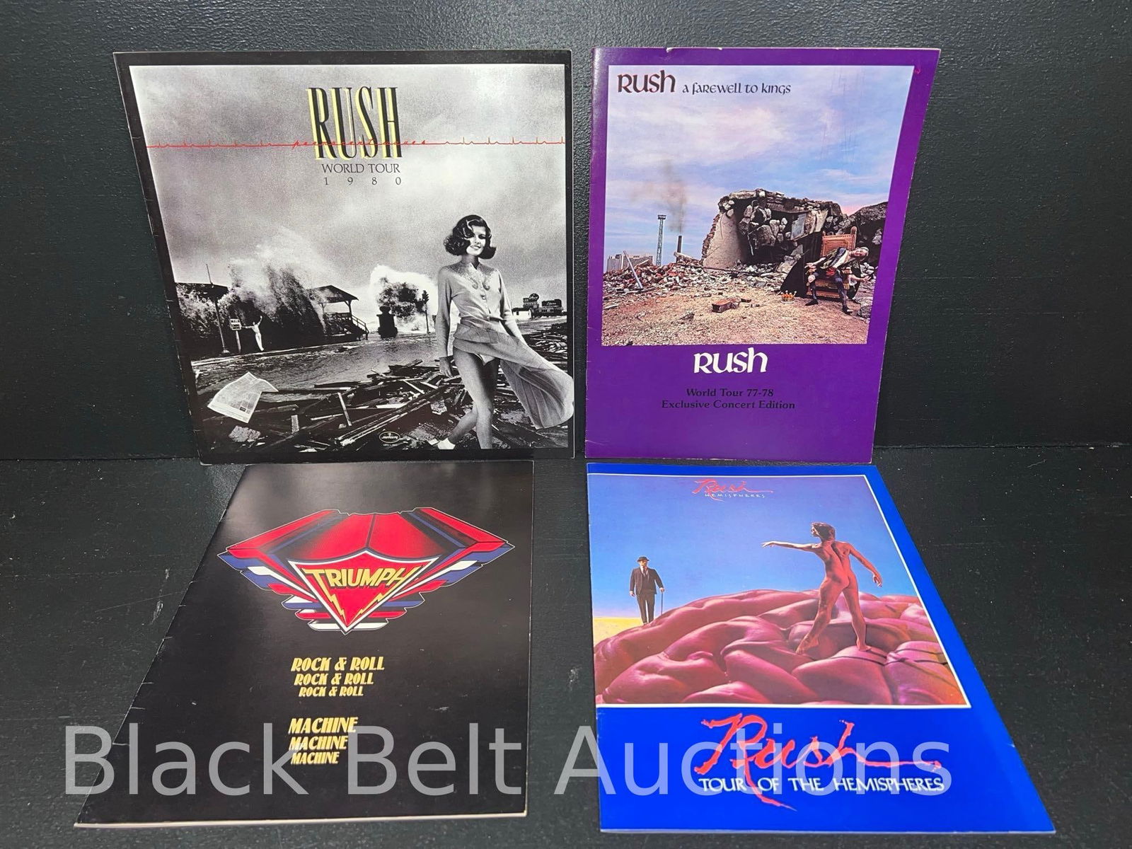 Rush and Triumph Concert Programs or Tour Books: Lot description: Grouping of four concert programs or tour books from two of the best Canadian power trios in rock to include: RUSH ”A Farewell to Kings” 1977-1978 World Tour Exclusive Con