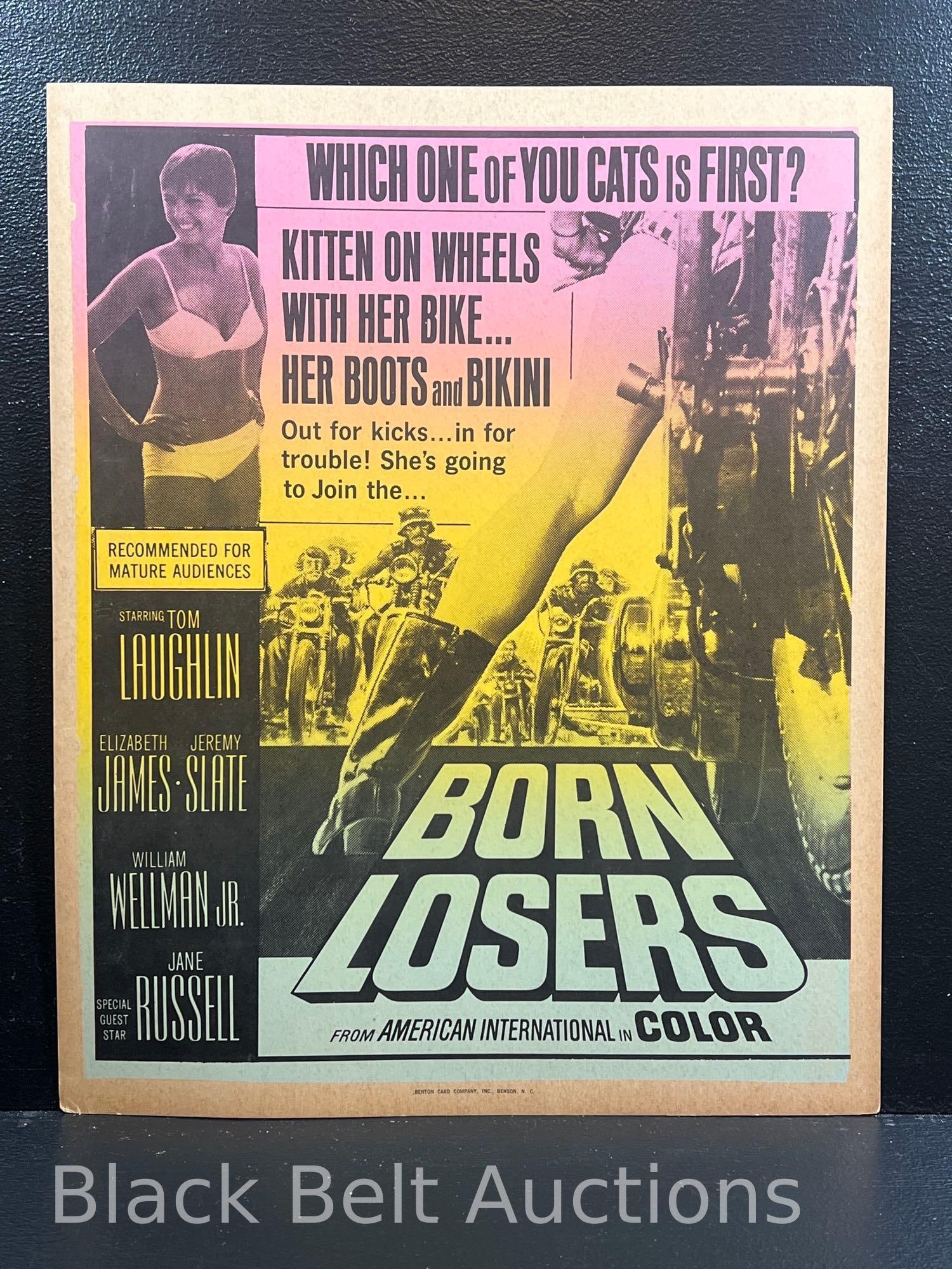 Original "Born Losers" Theater Window Card: Lot description: Original 1967 movie theater window card for the film "Born Losers" with Tom Laughlin and guest star Jane Russell. This poster measures 17 inches x 14 inches, has minor corner wear and