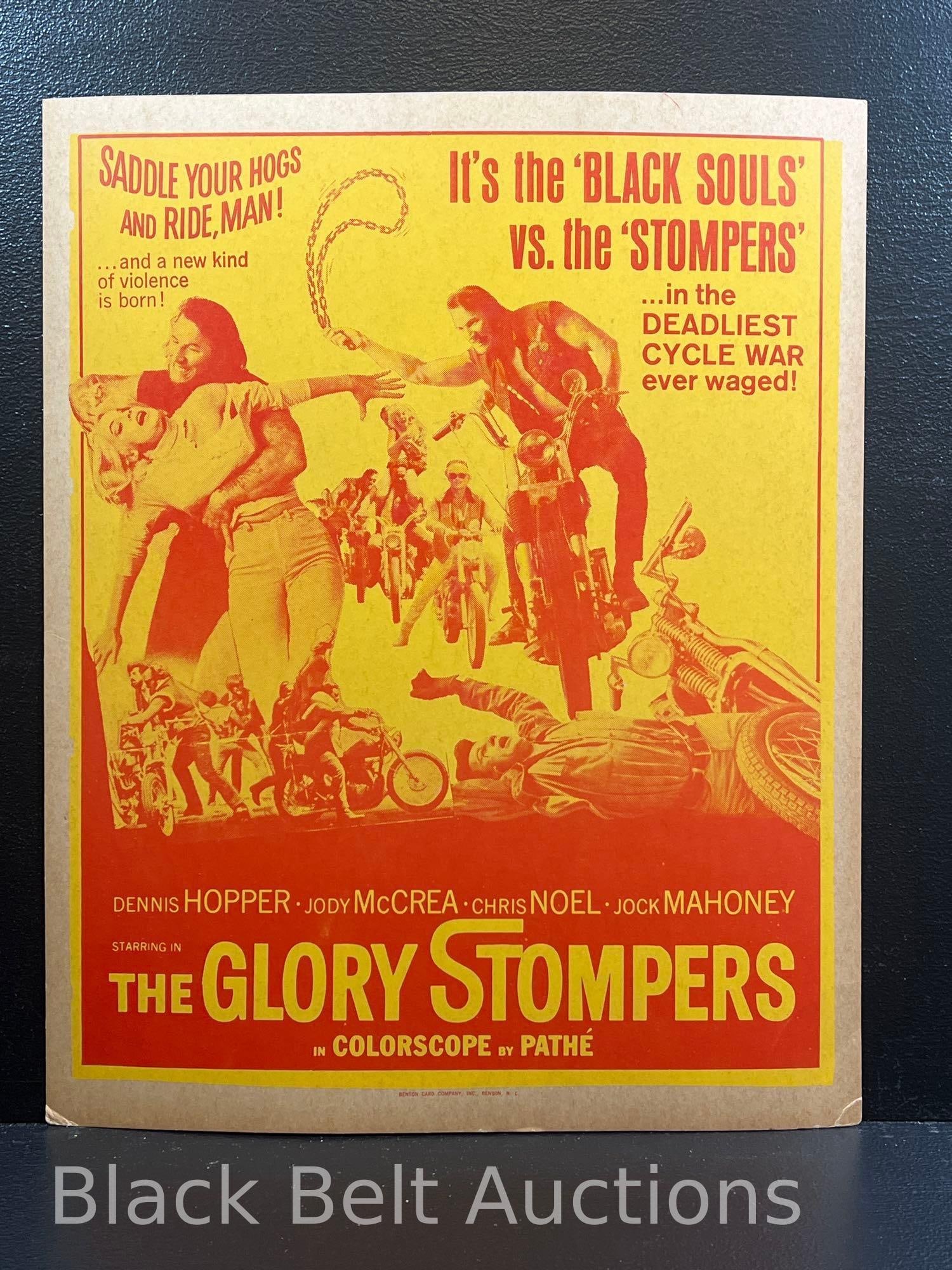 Original The Glory Stompers Window Card: Lot description: Original 1967 movie theater window card for the film "The Glory Stompers" starring Dennis Hopper. The poster measures 17 inches x 14 inches, has bent bottom corners and minor wear on
