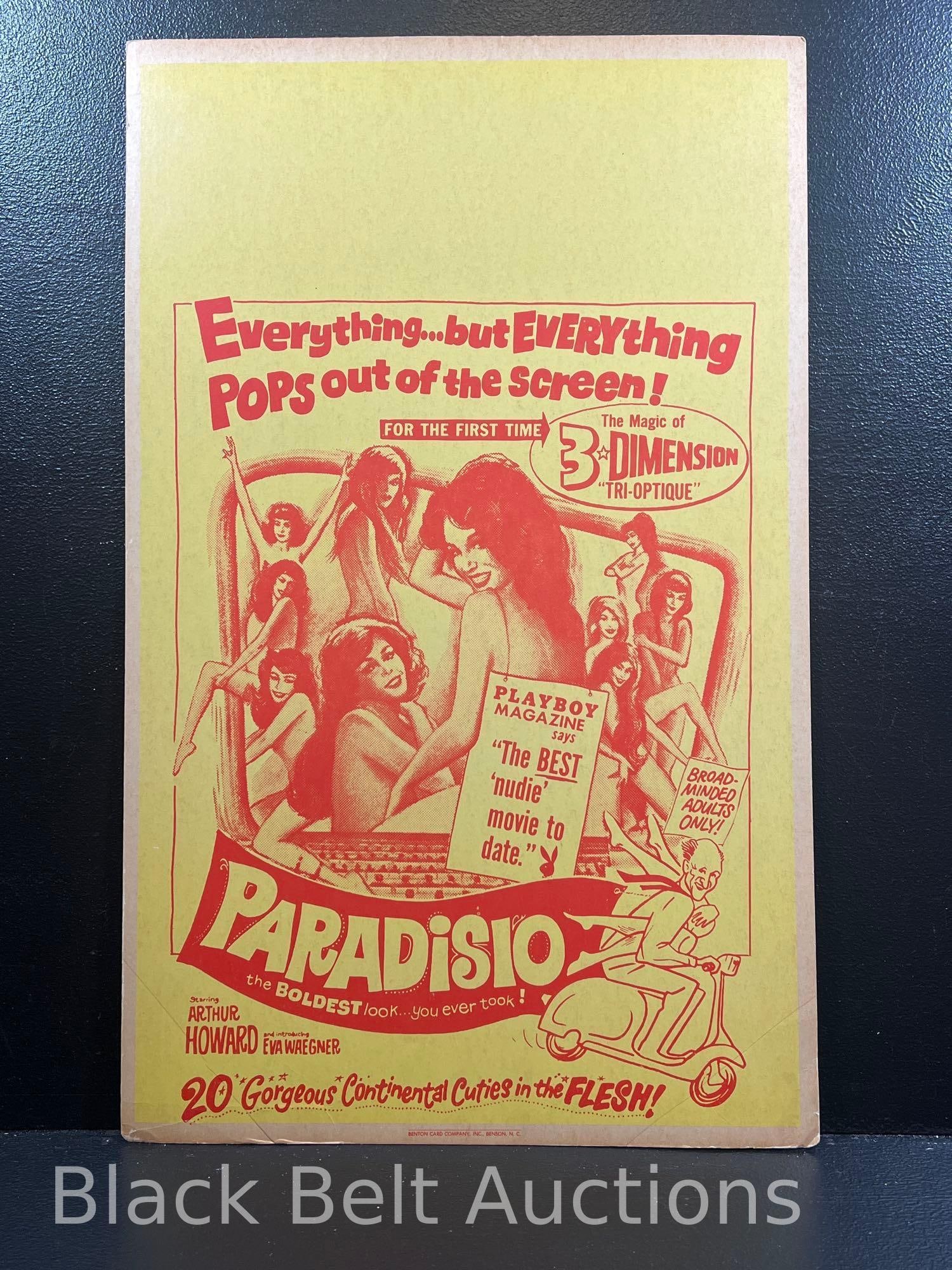 Original Theater Window Card "Paradisio": Lot description: Original 1962 movie theater window card for the film "Paradisio" - a movie probably not seen in your mainstream movie theaters...and yet was seen! It measures 22 inches x 14 inches an