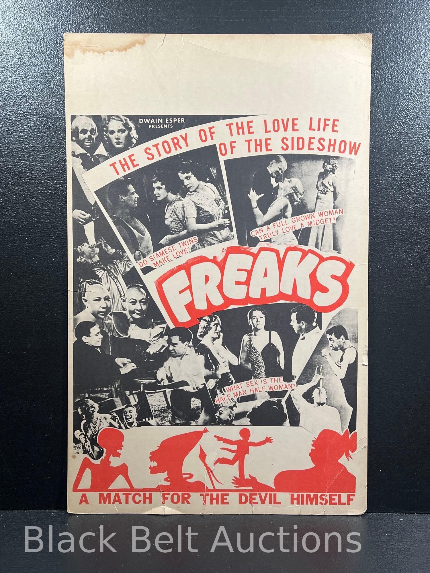 Original 1932 Movie "Freaks" Window Card: Lot description: An original 1932 (pre-code) movie theater window card for the film "Freaks". It measures 22 inches x 14 inches. The film is ever increasing its cult film fame especially with the