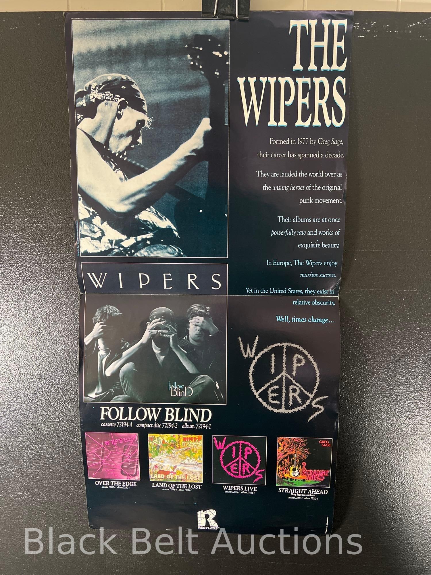 Original "The Wipers" Store Advertising Poster: Lot description: Original 1987 record store promotional poster for "The Wipers" produced by Restless Records and shows The Wipers album discography. The poster has been folded once and there is