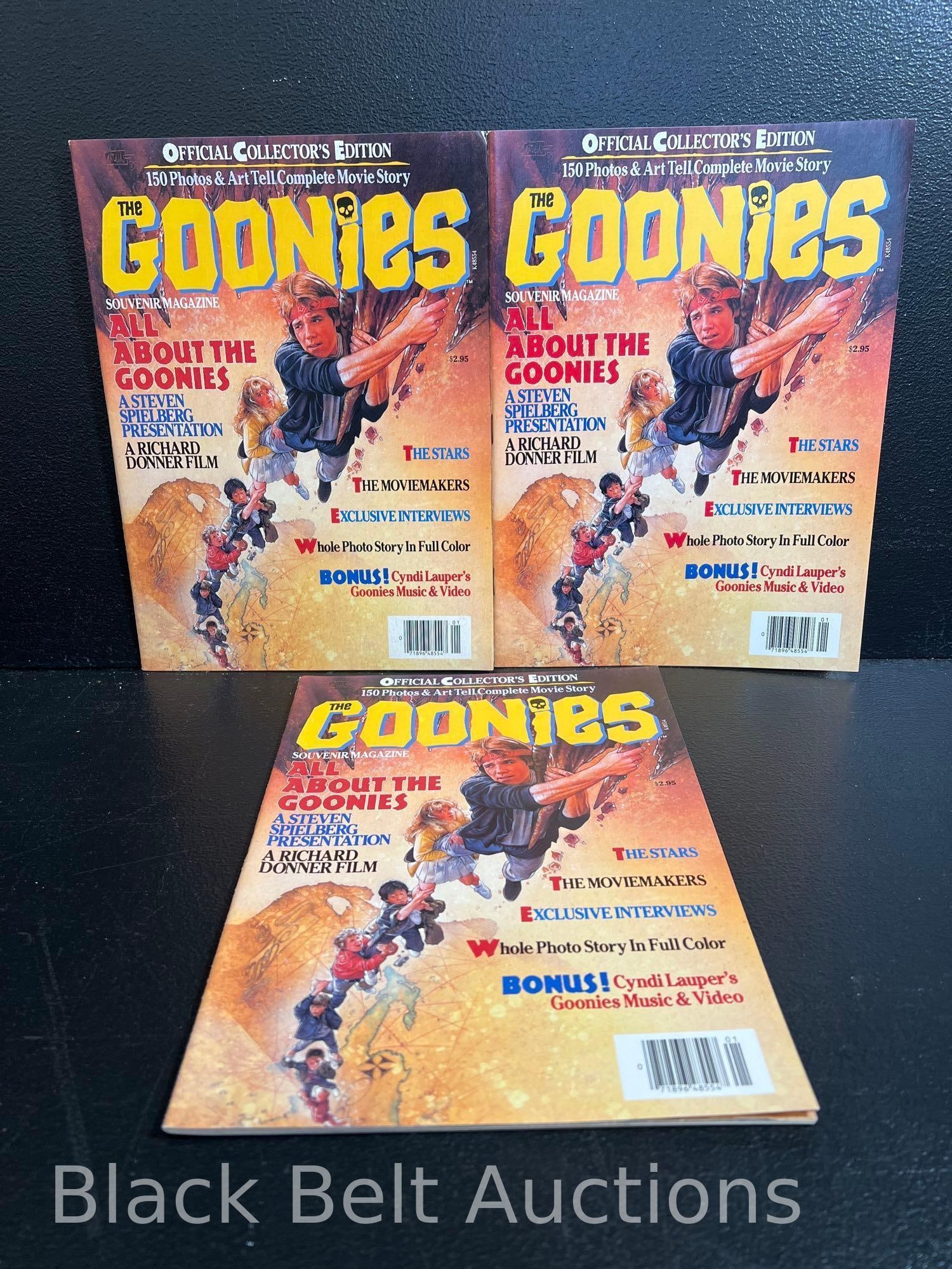 Three Vintage "The Goonies" Souvenir Magazines: Lot description: Three vintage 1985 "The Goonies" souvenir magazine - the "Official Collector's Edition". All three copies are in excellent condition with only very minor bends to corners and the like