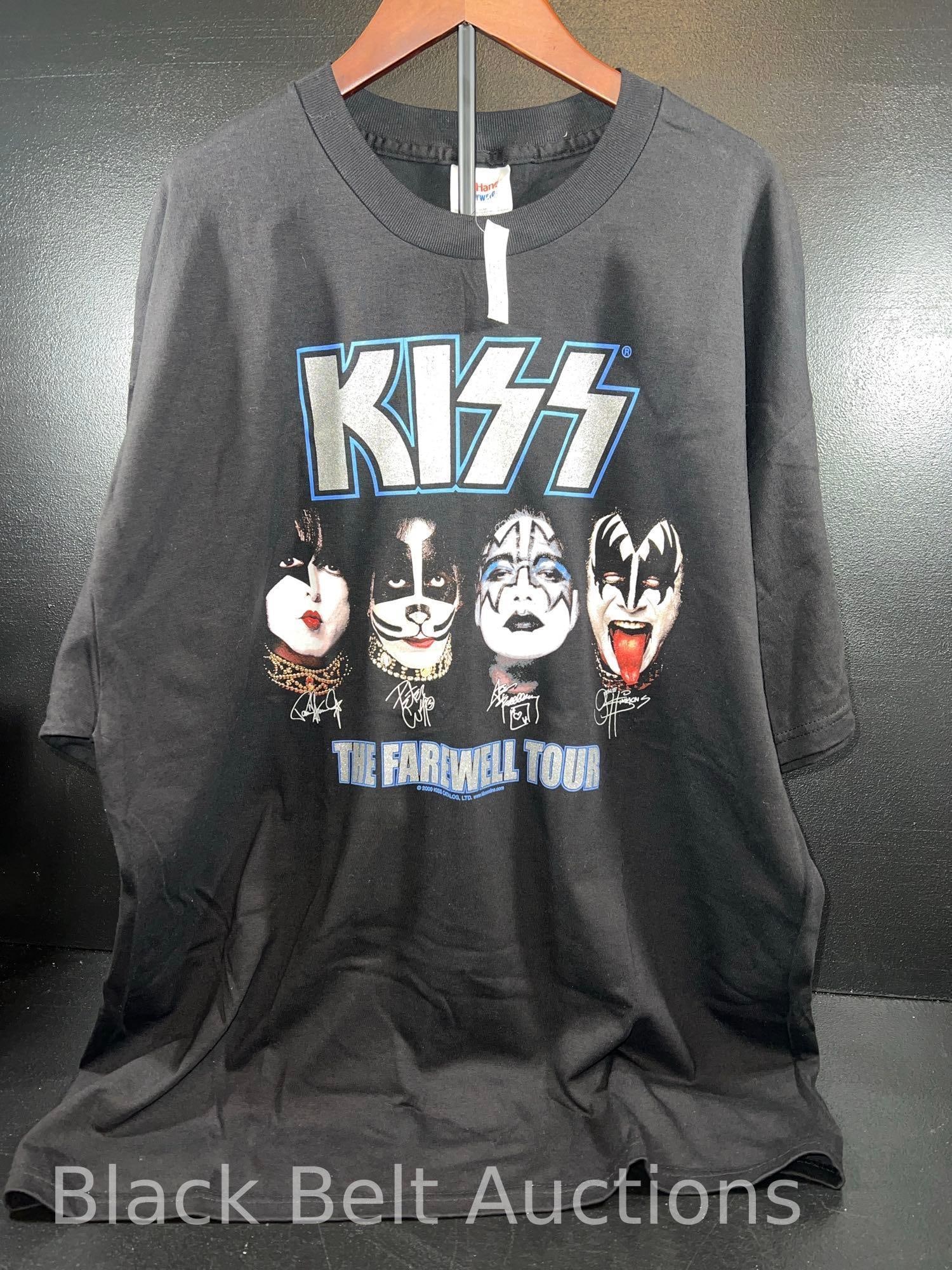KISS Farewell Tour T Shirt New With Tag: Lot description: KISS 2000 Farewell Tour T Shirt - “KISS in a Row” style with facsimile signatures under their respective heads. The shirt is double stitched and made by Hanes Heavyweight