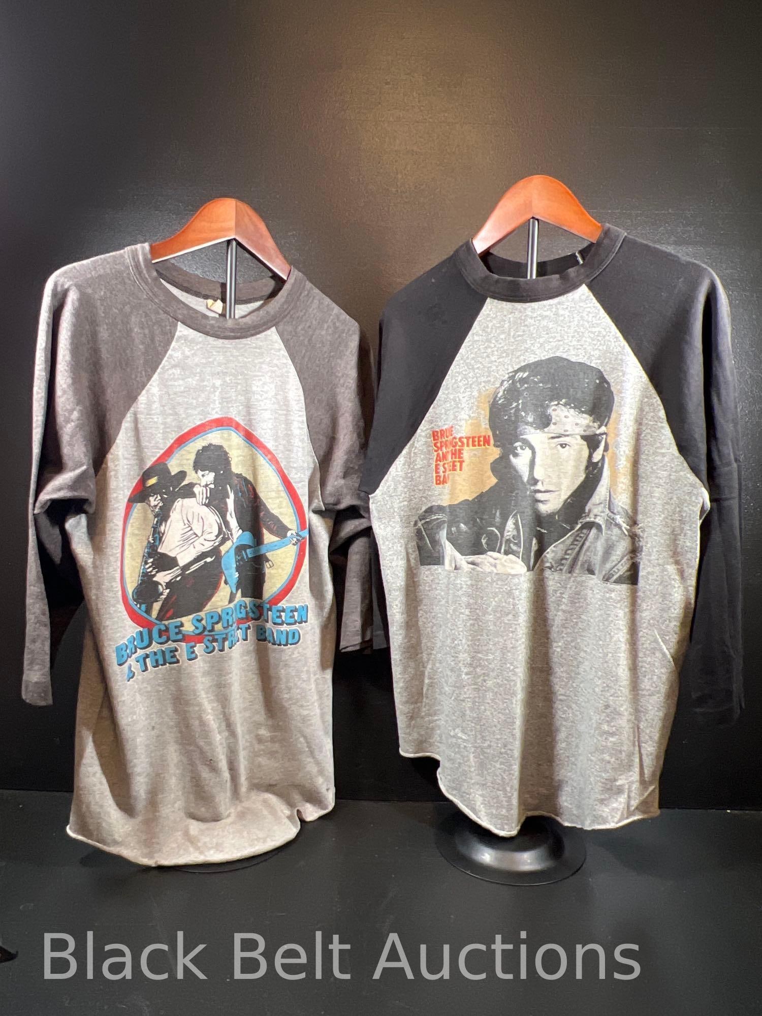 Two Vintage Bruce Springsteen Tour Shirts: Lot description: Two vintage Bruce Springsteen tour shirts to include: A 1980-1981 raglan tour shirt made by Velva Sheen cotton polyester mix size Large. Measures 19 inches from armpit to armpit and 3