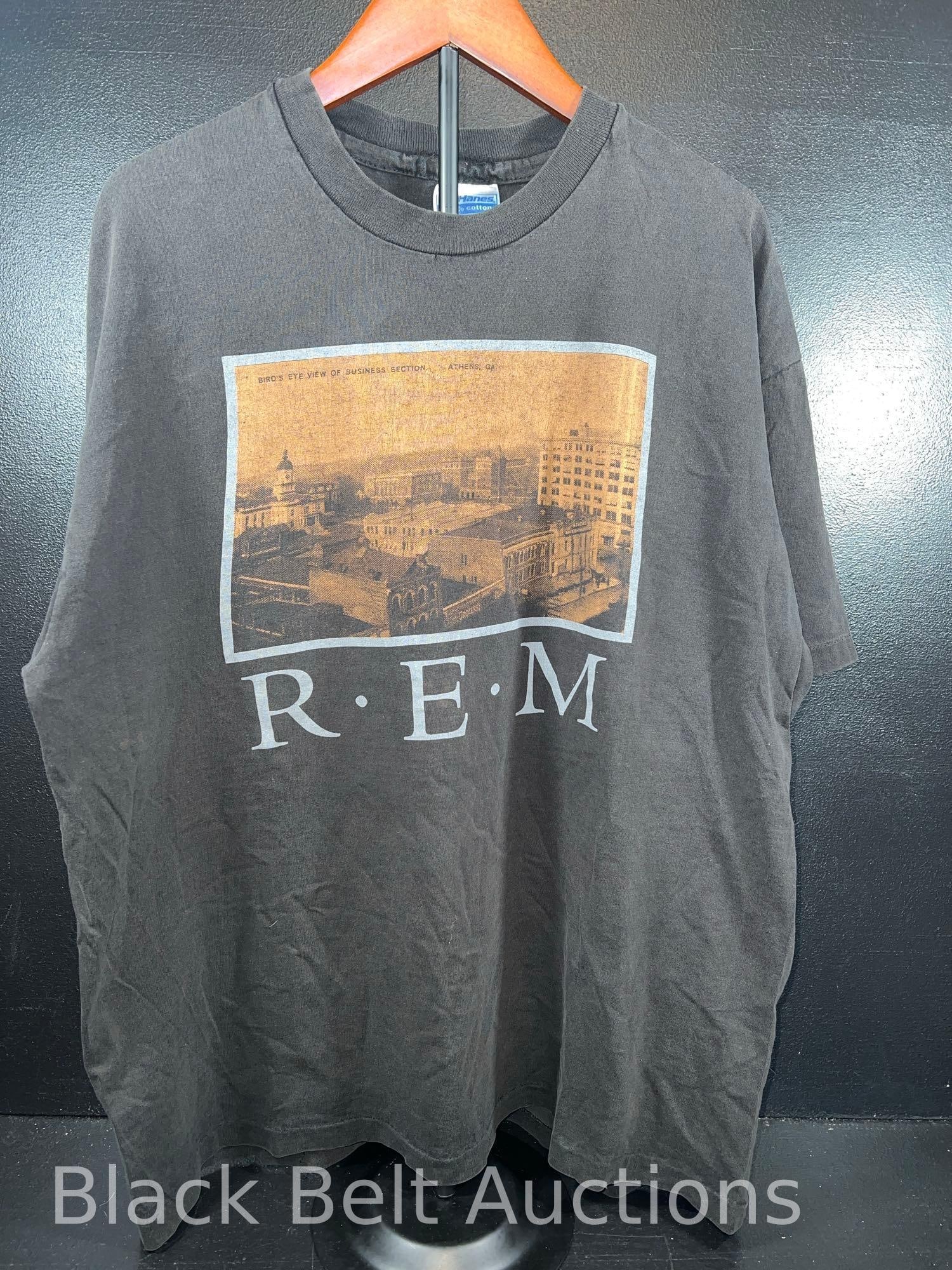 Vintage R.E.M. Single Stitch "Athens, GA" T-Shirt XL: Lot description: Vintage 100% cotton single stitched R.E.M. "Bird's-eye view of Athens, GA" t-shirt extra large size. It measures 23 inches from armpit to armpit and 27 inches high. Made by Hanes. Add