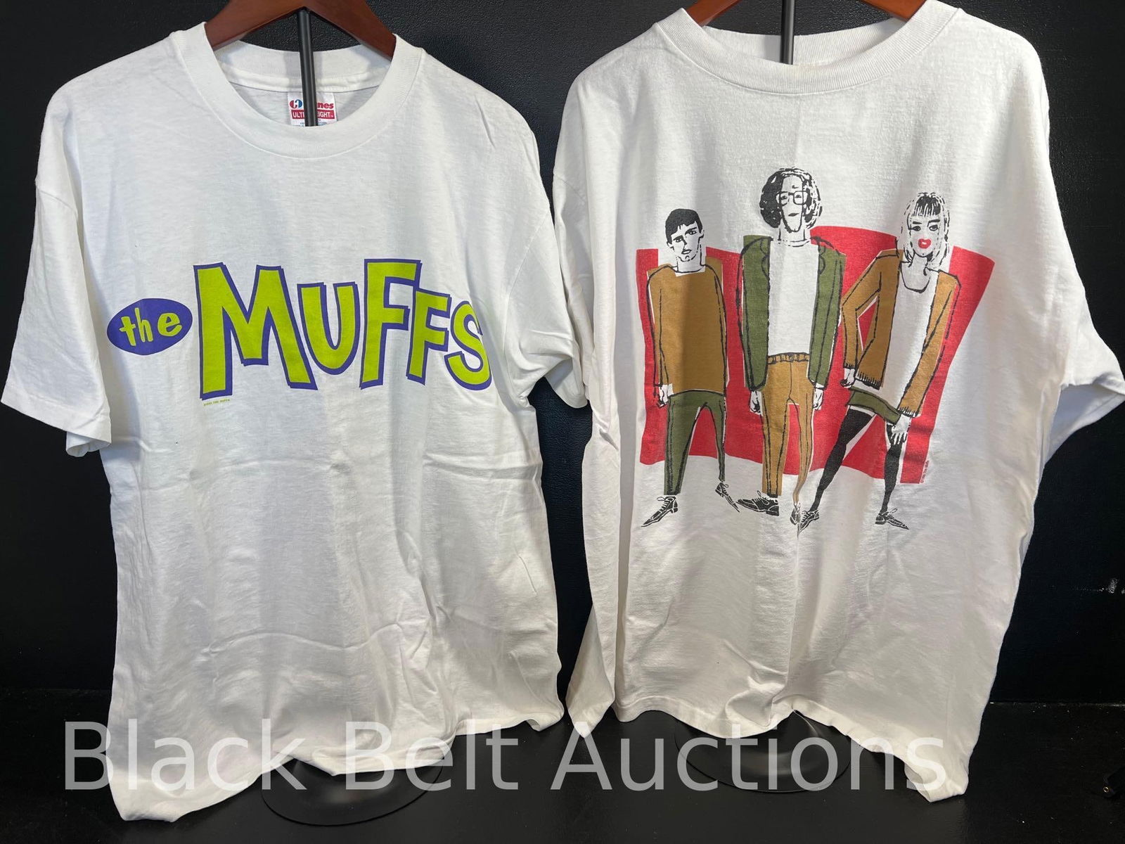 Two Vintage 1995 "The Muffs" Single Stitch T-Shirts: Lot description: Two vintage 1995 100% pre-shrunk cotton single stitched "The Muffs" t-shirts that include: A Large size double sided t-shirt with the front showing "The Muffs" and the reverse