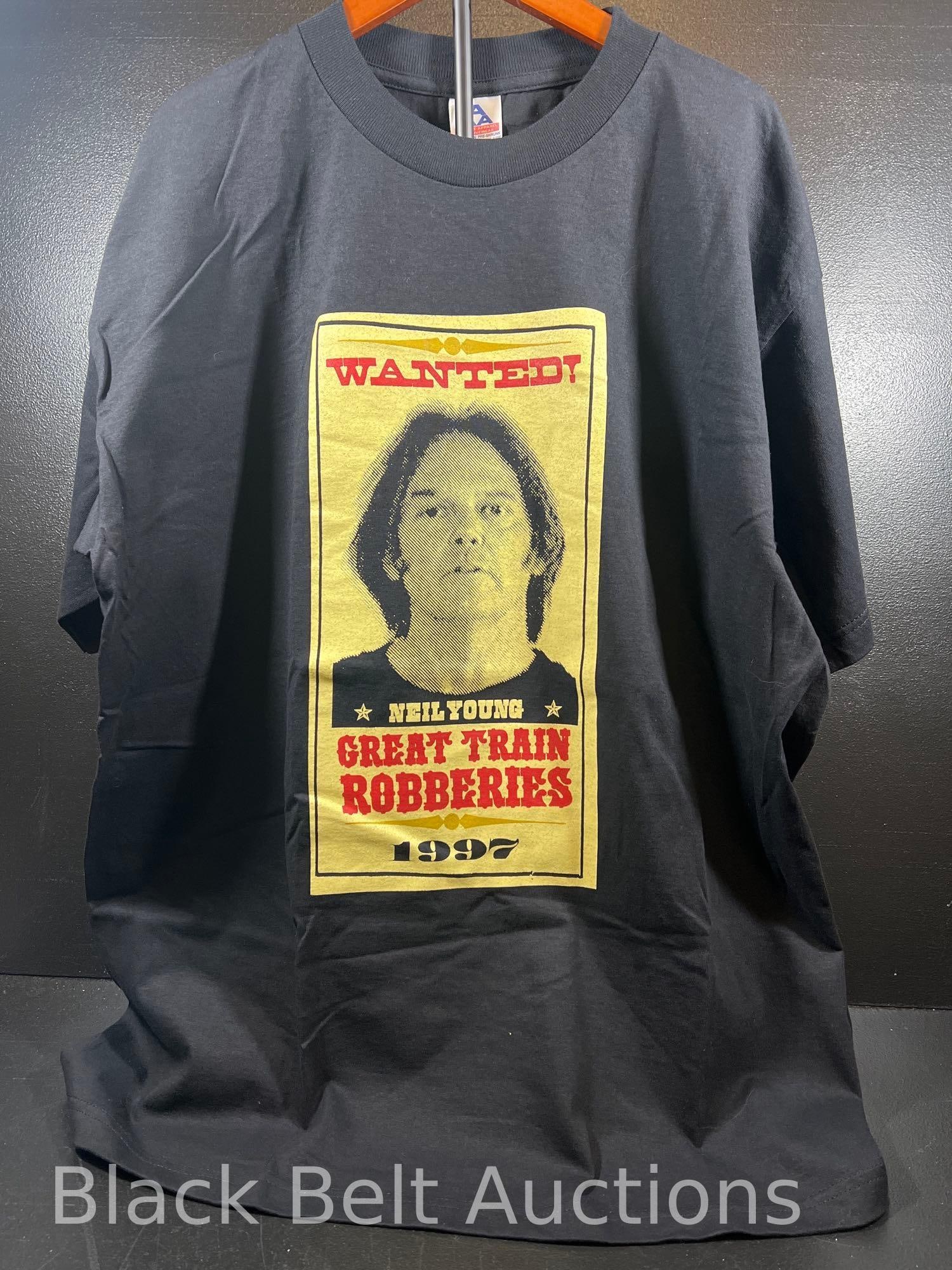Neil Young 1997 Great Train Robberies Tour Shirt XL: Lot description: Vintage Neil Young "Great Train Robberies" 1997 extra large tour shirt, double stitched and made with 100% cotton by Alstyle Apparel & Activewear (AAA). It measures 24 inches from