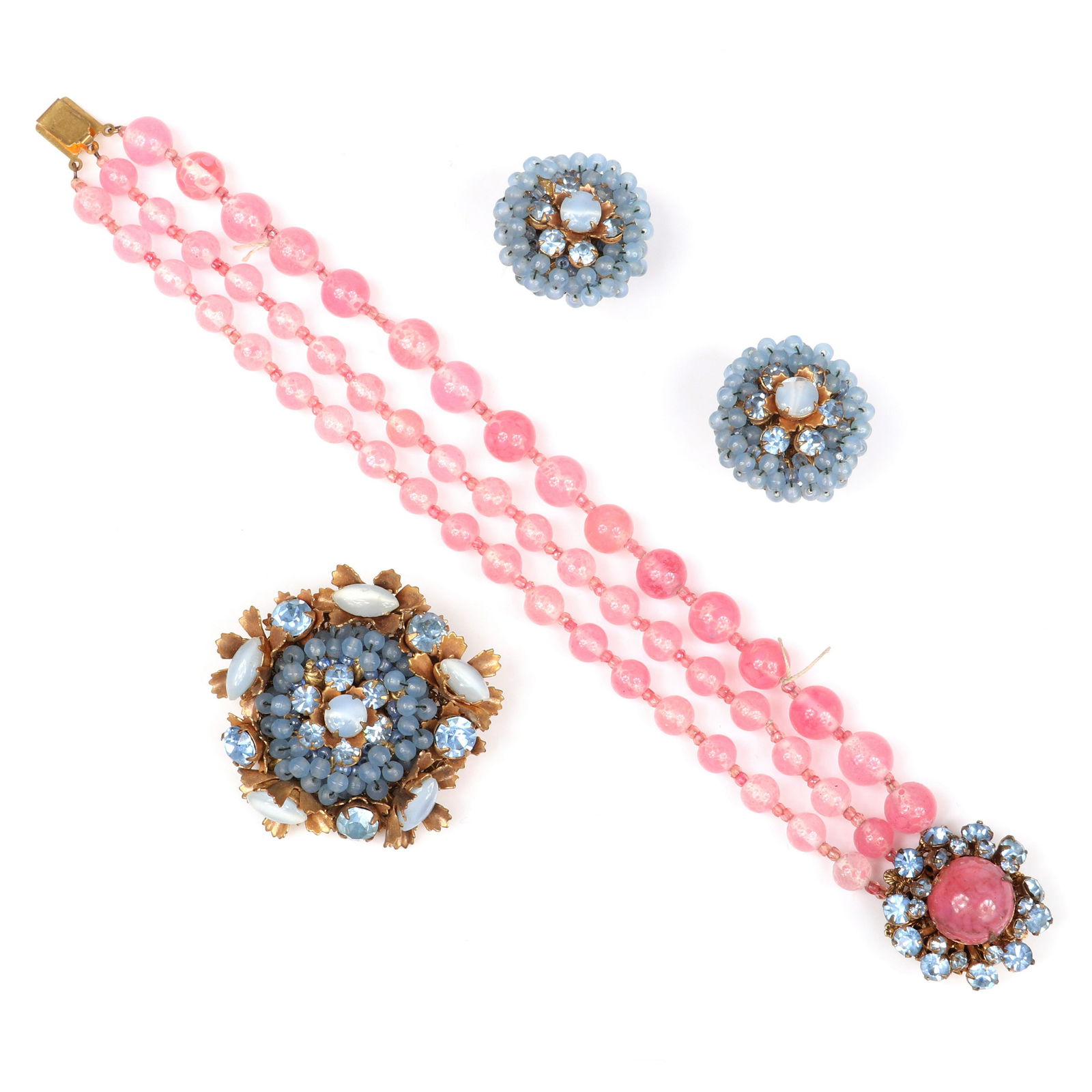 Miriam Haskell triple strand pink glass bead bracelet (1 of 7)