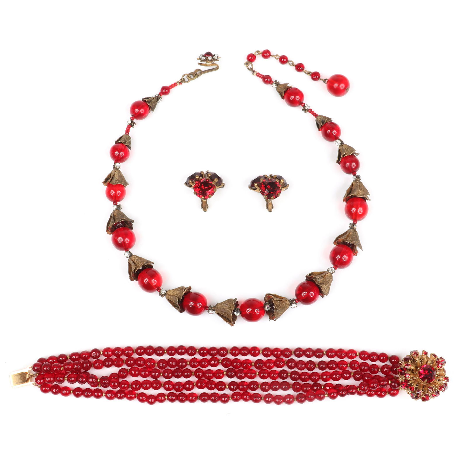 Miriam Haskell 3pc ruby glass bead and molded brass (1 of 6)