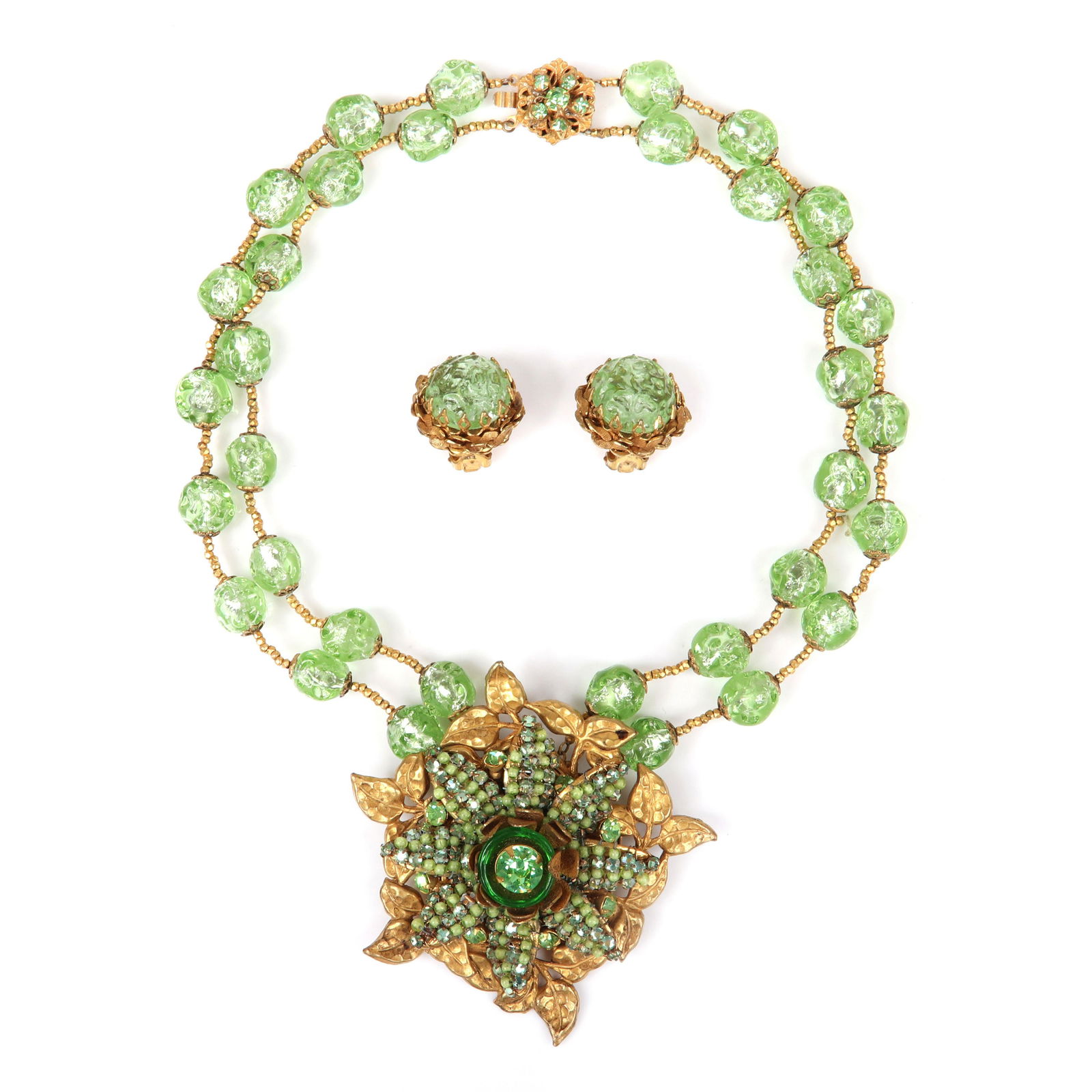Miriam Haskell double strand necklace with green poured: 15""L (necklace)