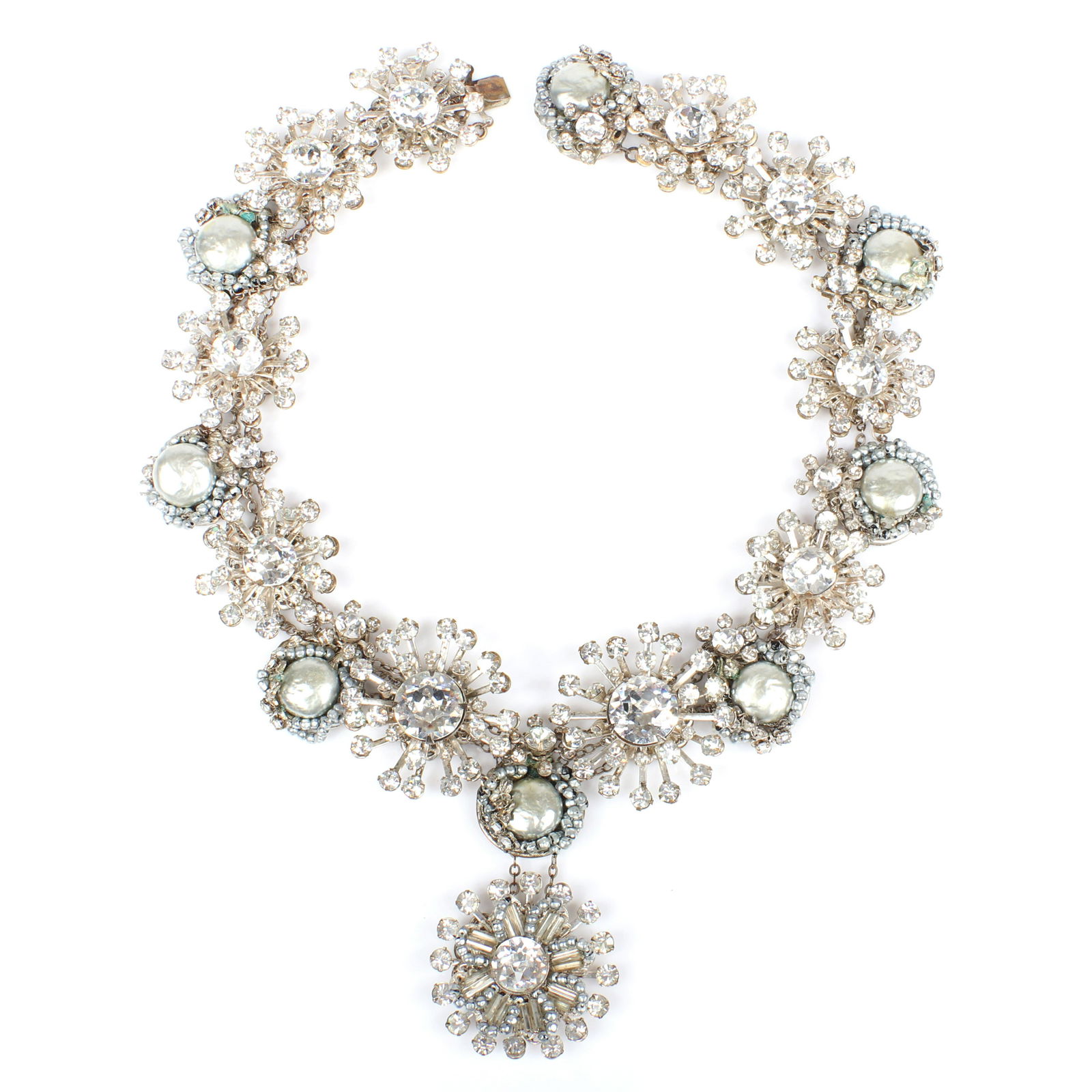 Miriam Haskell diamante star flower / snowflake pendant: 16 1/2""L