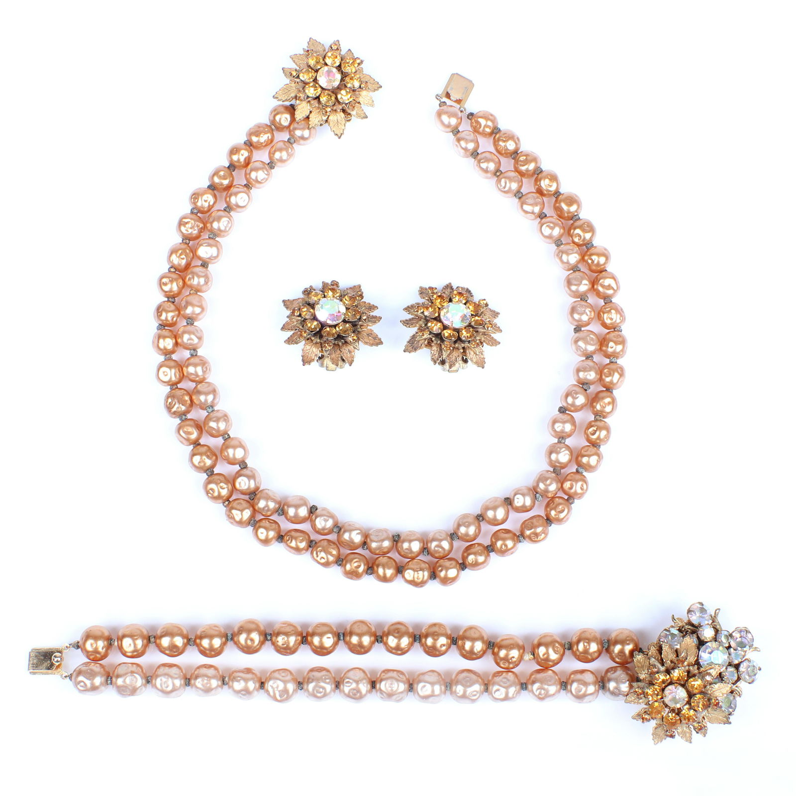 Miriam Haskell 3pc. parure with double strand golden: 15 1/2""L (necklace)