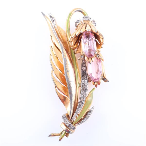 R. DeRosa LARGE figural twin bell flower pin clip with: R. DeRosa LARGE figural twin bell flower pin clip with elongated pale amethyst crystals, enamel, gold wash and pave rhinestones. 3 12"H