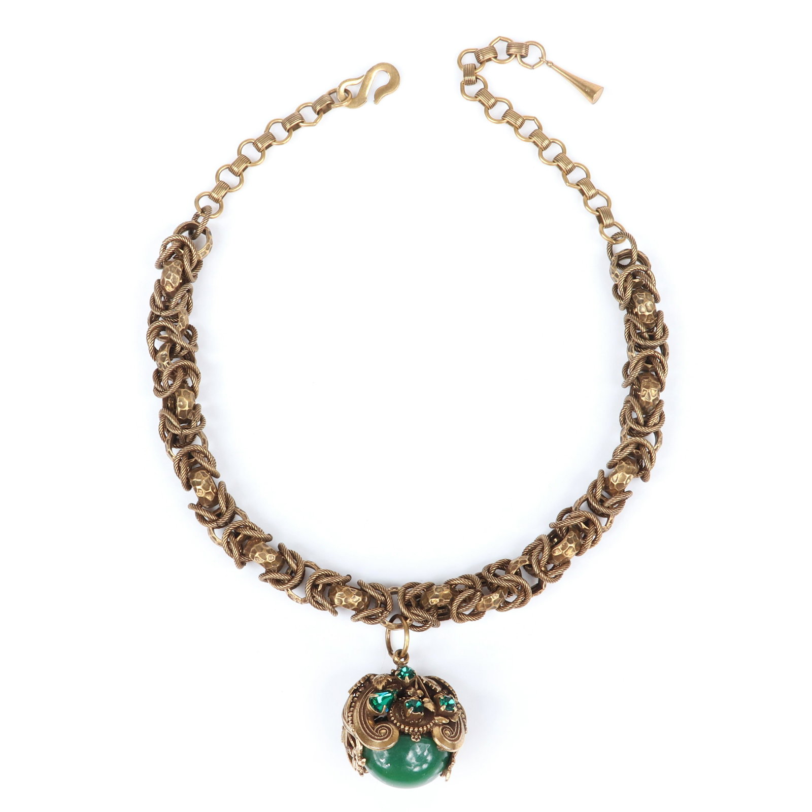 Vintage Baroque Revival chunky woven chain necklace and: Vintage Baroque Revival chunky woven chain necklace and pendant with large green cabochon stone surrounded by gold tone scroll detail and emerald rhinestones. 20"L