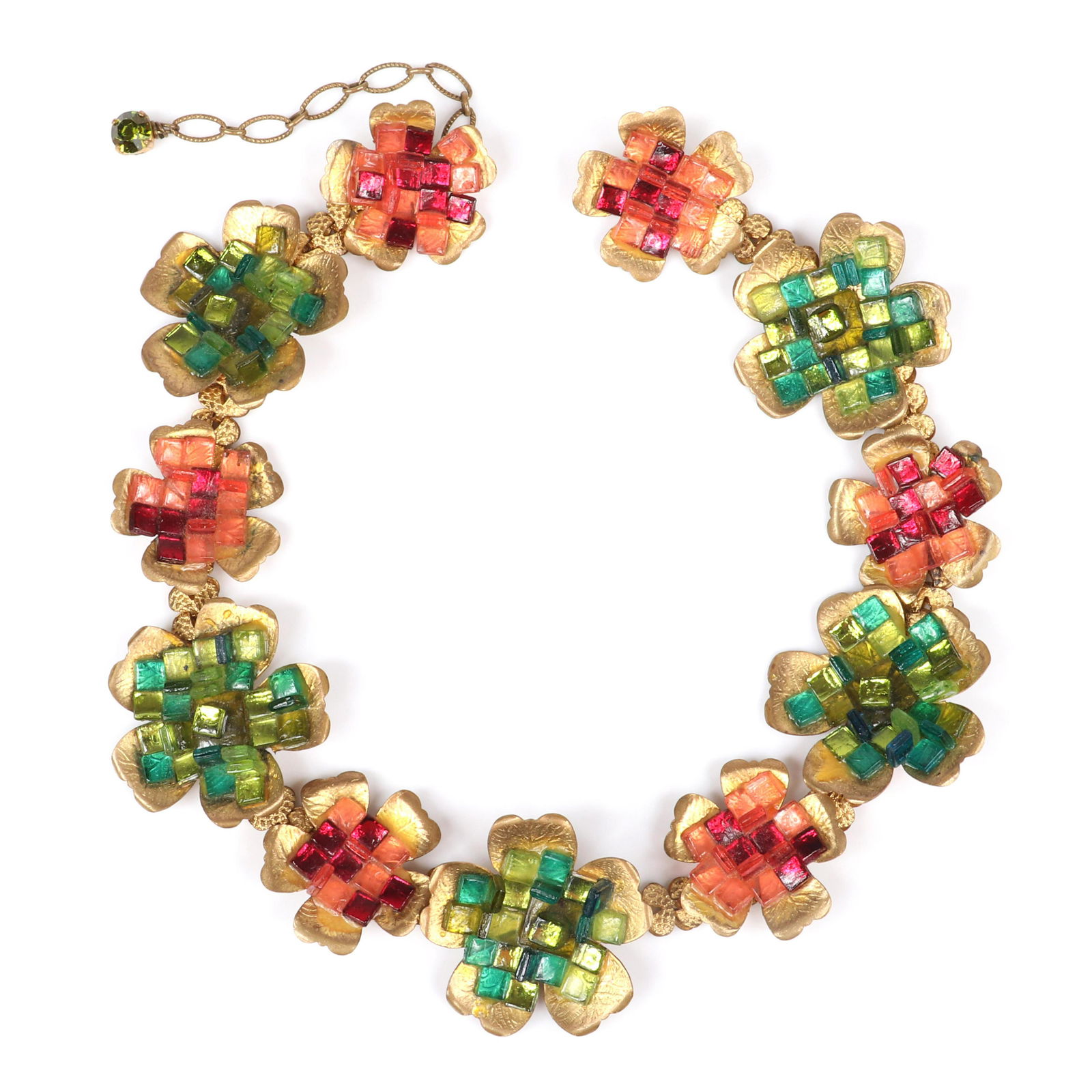 Countess Cissy Zoltowska (CIS) flower necklace with: Countess Cissy Zoltowska (CIS) flower necklace with pink and green square cut Swarovski jewels, book piece European Designer jewelry, Ginger Moro, page 77. 18"L