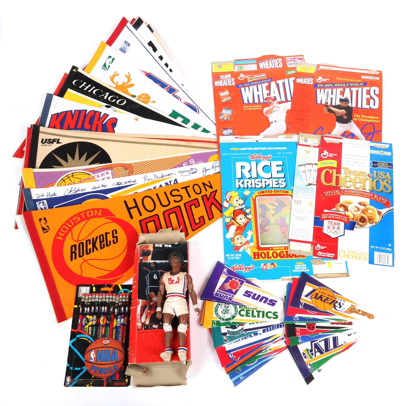 Lot of Pennants, Vintage Dr. J Doll, Cereal Boxes: Lot of Pennants, Vintage Dr. J Doll, Cereal Boxes