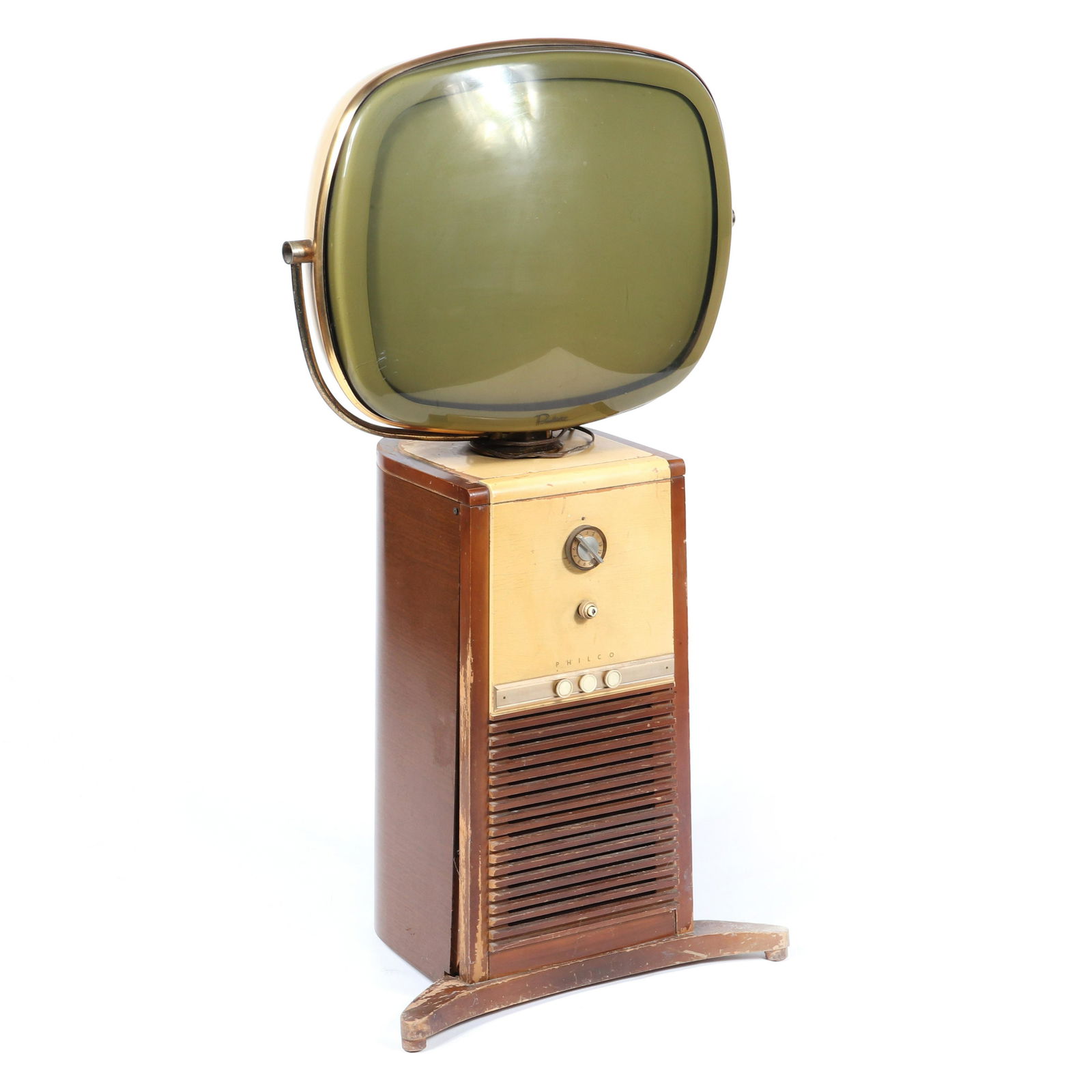 Vintage Philco Predicta early floor model 'Pedestal': Vintage Philco Predicta early floor model 'Pedestal' Television / TV set, 1958.Black and white television with 21" screen. Significant surface wear. Lower knob cover missing.44"H x 24"W.