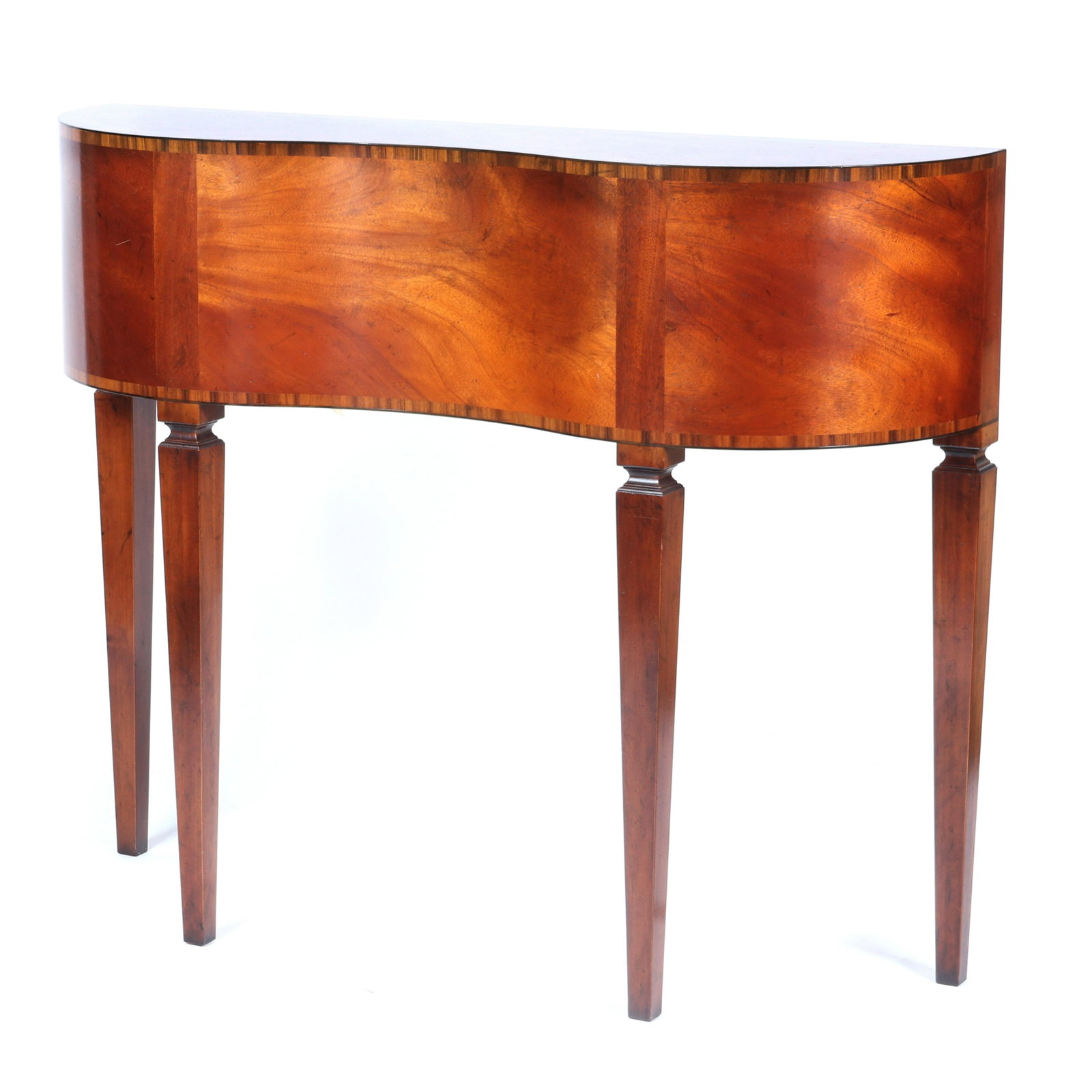 Yorkshire House serpentine console entry table with: Yorkshire House serpentine console entry table with mahogany veneers.41 1/4"H x 50"W x "14 1/2"D.