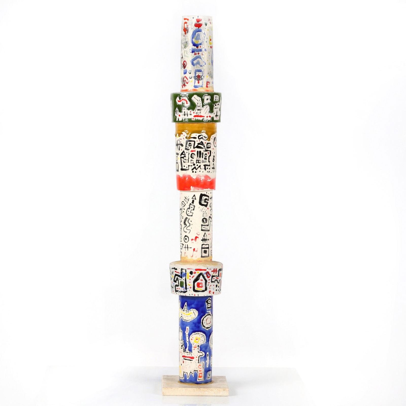 Ynez Johnston, (American, b.1920), totem tower, hand: Ynez Johnston(American, b.1920)totem towerhand painted glazed ceramicBiography from the archives of AskArt: Painter/printmaker Ynez Johnston was born in 1920 in Berkeley, California. She studied draft