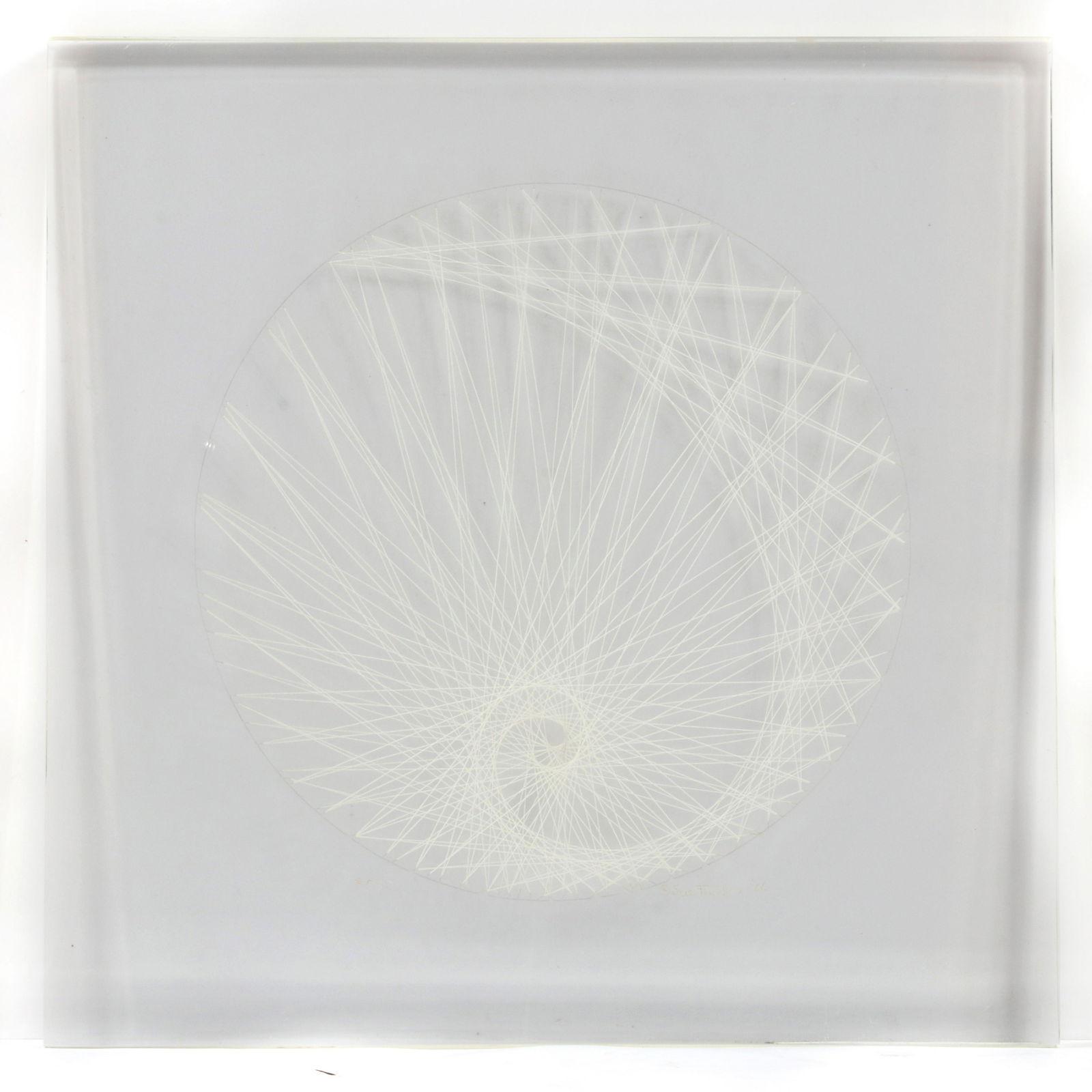 Sue Fuller, (American, 1914-2006), String Composition: Sue Fuller(American, 1914-2006)String Composition #537, 1966nylon thread spiral embedded in lucite 1" lucite panelsigned and dated lower right. Numbered lower left. Biography from the archives of AskA