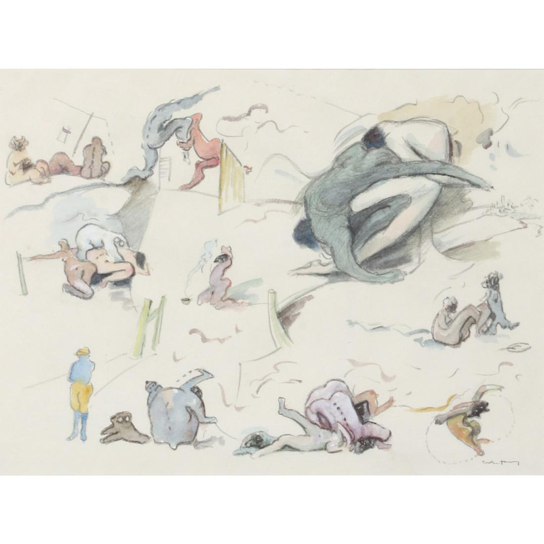 Dorothea Tanning, (American, 1910-2012), Track and: Dorothea Tanning(American, 1910-2012)Track and Field, 1982watercolor and pencil on papersigned lower right. Provenance: Simms Fine Art, New Orleans, Kent Fine Art, New York, Midwest Museum of American