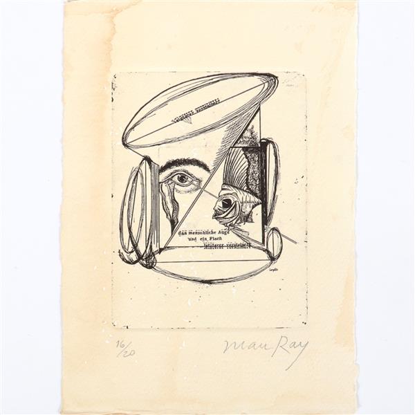 Man Ray, (1890-1976), After Johannes Baargeld, Das: Man Ray(1890-1976)After Johannes Baargeld, Das menschliche Auge und ein Fisch, letzterer versteinert, 1920etchingpencil signed and numbered 16/20. Unframed. From Ask Art: A Dada movement painter, scul