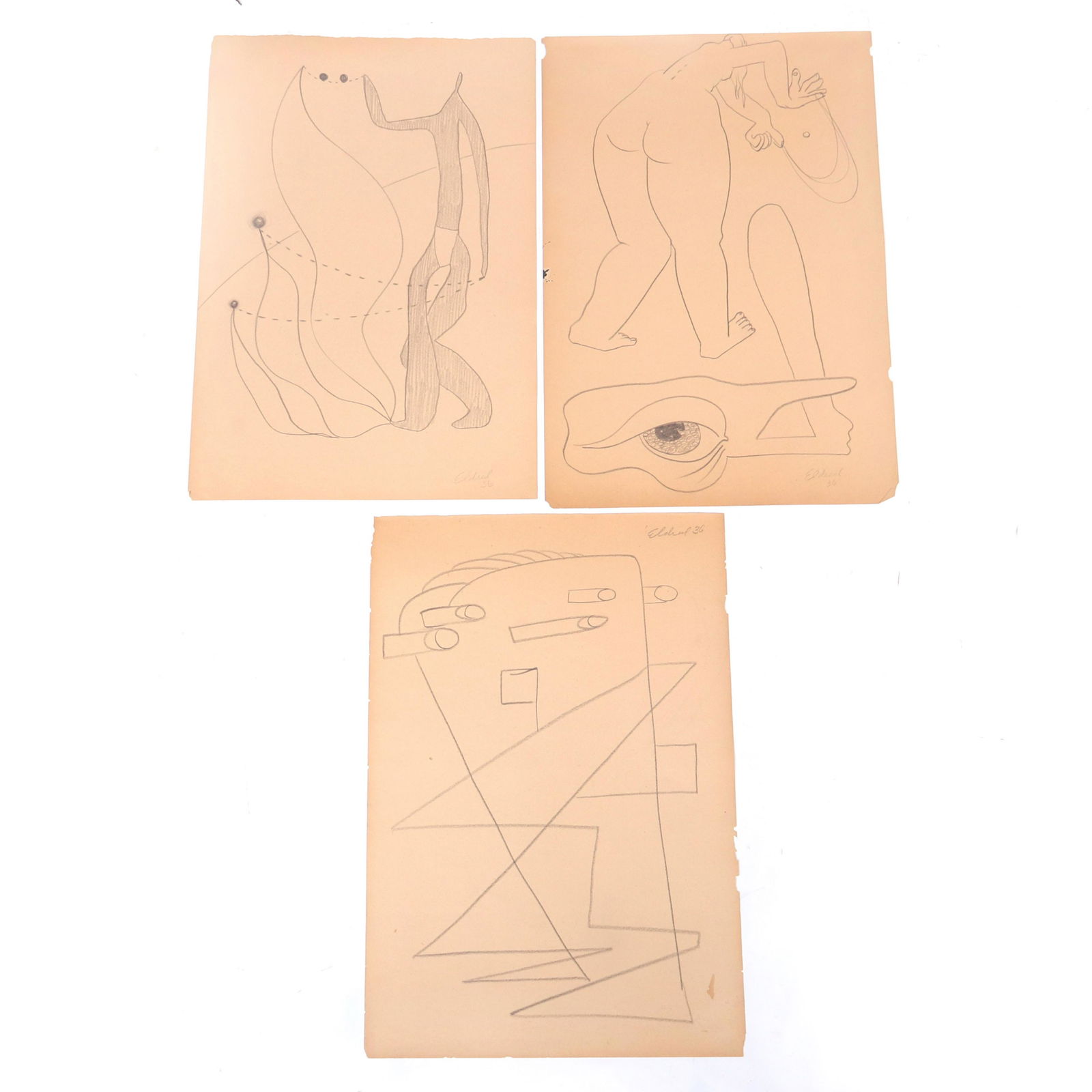 Thomas Eldred, (New York / Michigan, 1903-1993), THREE: Thomas Eldred(New York / Michigan, 1903-1993)THREE surrealist drawingspencil on papersigned lower right. Biography from Williams American Art Galleries Thomas Brownell Eldred, painter, printmaker and