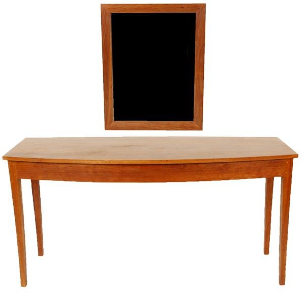 Thos. Moser Handmade American Furniture, Maine;: cabinet made Shaker style bowfront console entry table and mirror in cherry hardwood. Table; 28H"H x 54"W x 20"deepest. Mirror; 32" x 24".