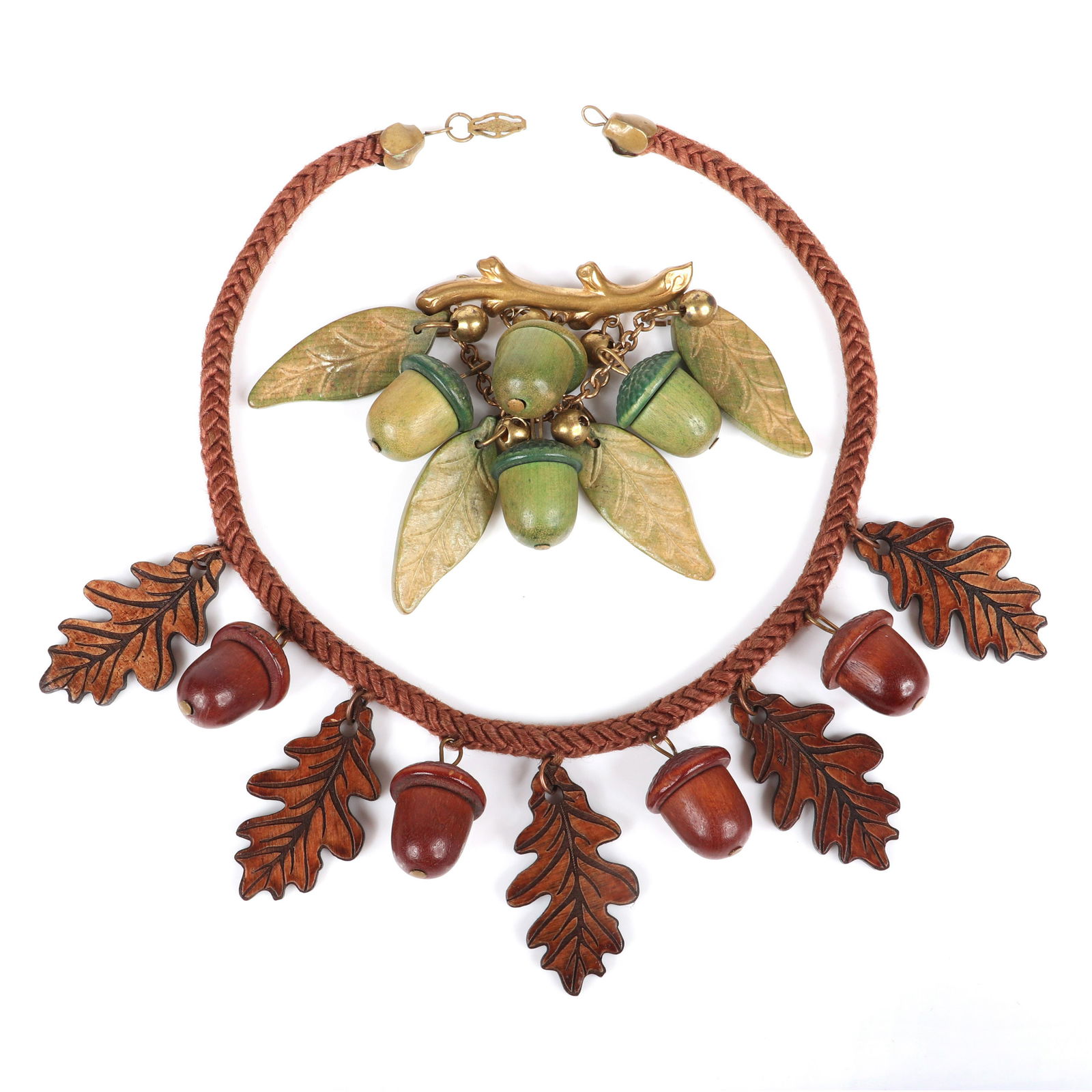 Vintage carved wood jewelry group: cord necklace with (1 of 6)