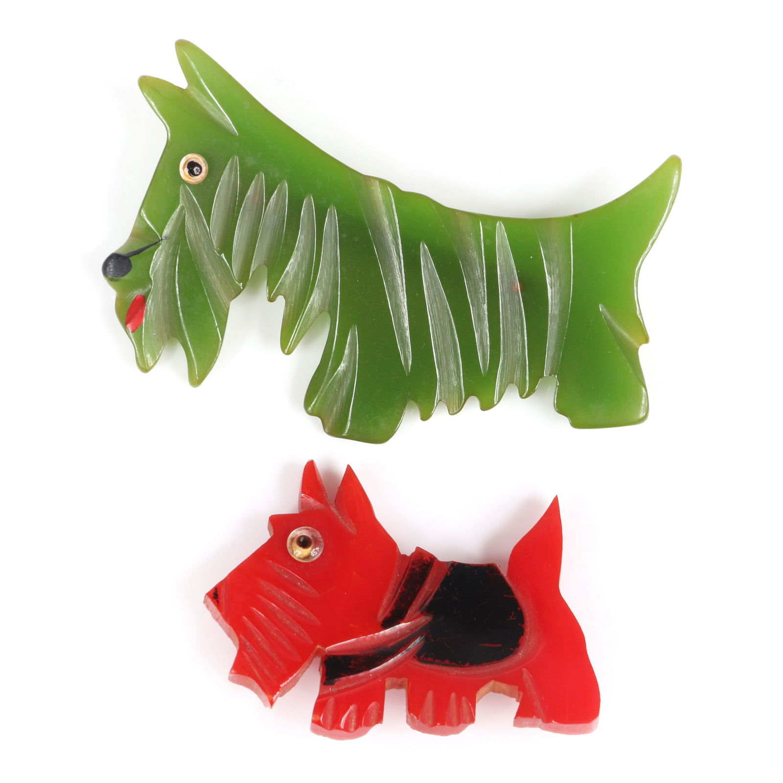 Two vintage carved Bakelite green and red figural (1 of 4)