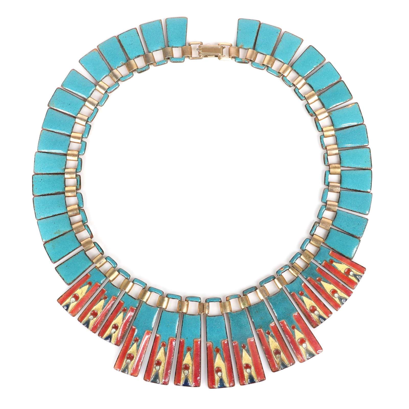 Mildred Ball American Modernist enamel Egyptian collar: Mildred Ball American Modernist enamel Egyptian collar choker necklace with turquoise, rust and yellow enamel linked wedges. 15"L, 1 1/2L,"drop