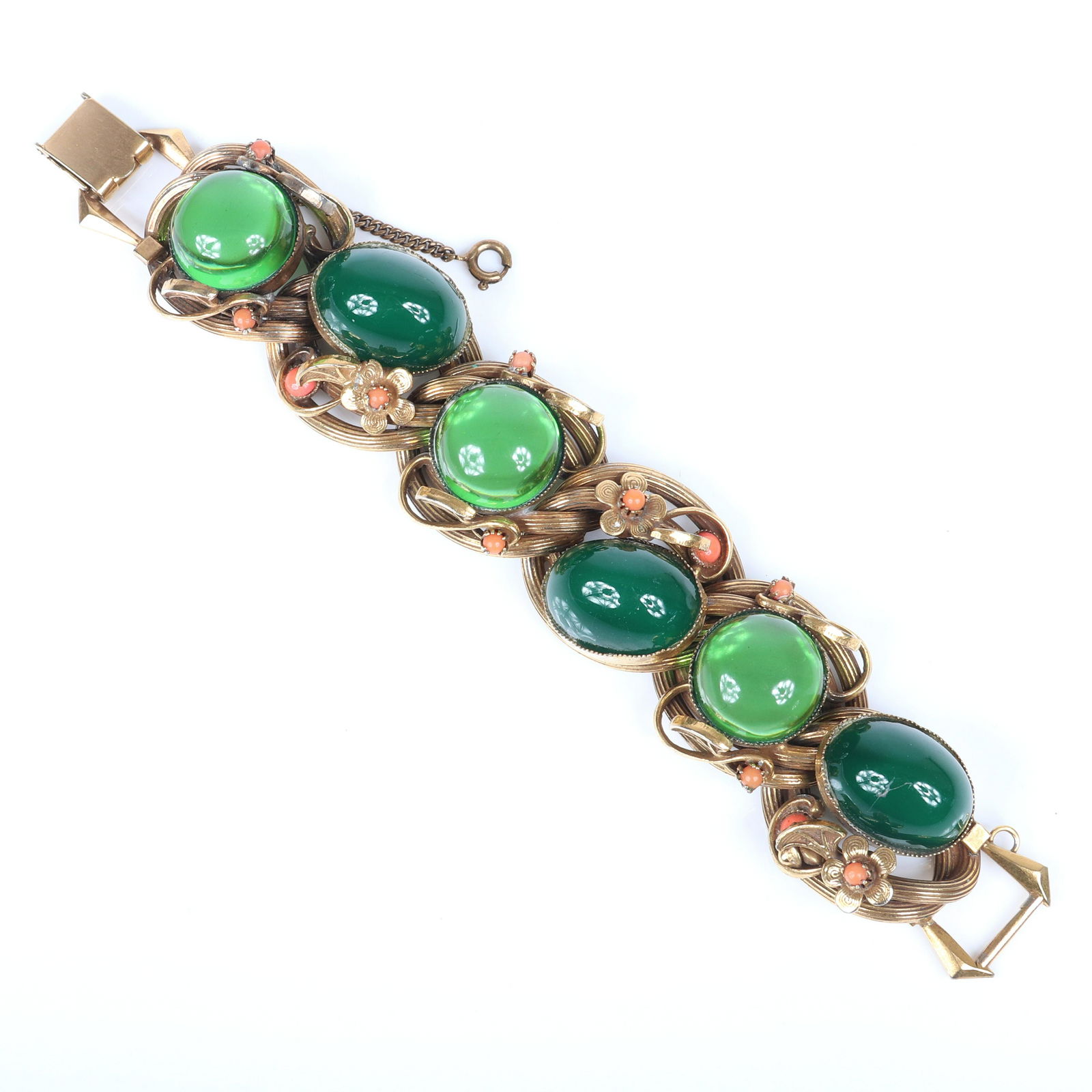 Vintage 1930s brass link bracelet with green glass (1 of 4)