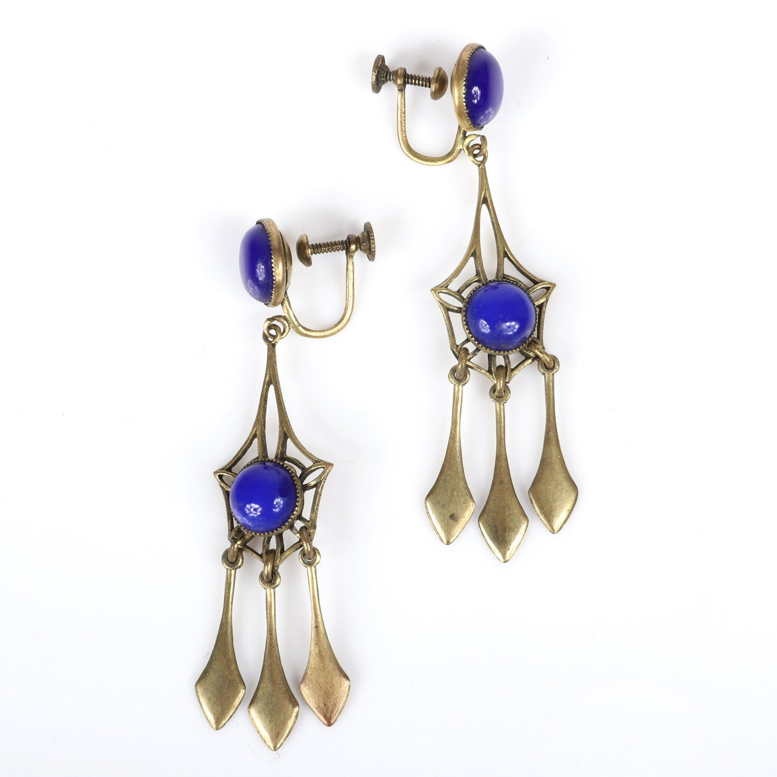 Art Nouveau / Edwardian gold chandelier earrings with: Art Nouveau / Edwardian gold chandelier earrings with two sapphire blue glass cabochons and three dangles. 2"L