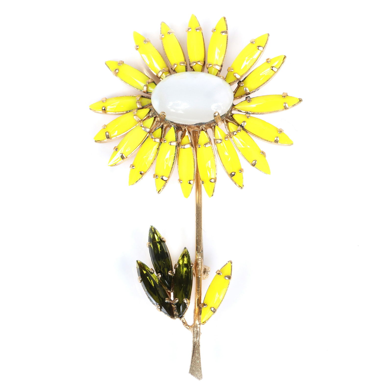 Schreiner New York dimensional daisy pin brooch with: Schreiner New York dimensional daisy pin brooch with moonstone cabochon, yellow navette petals and chartreuse crystal jewel leaves. 3"H x 2"W